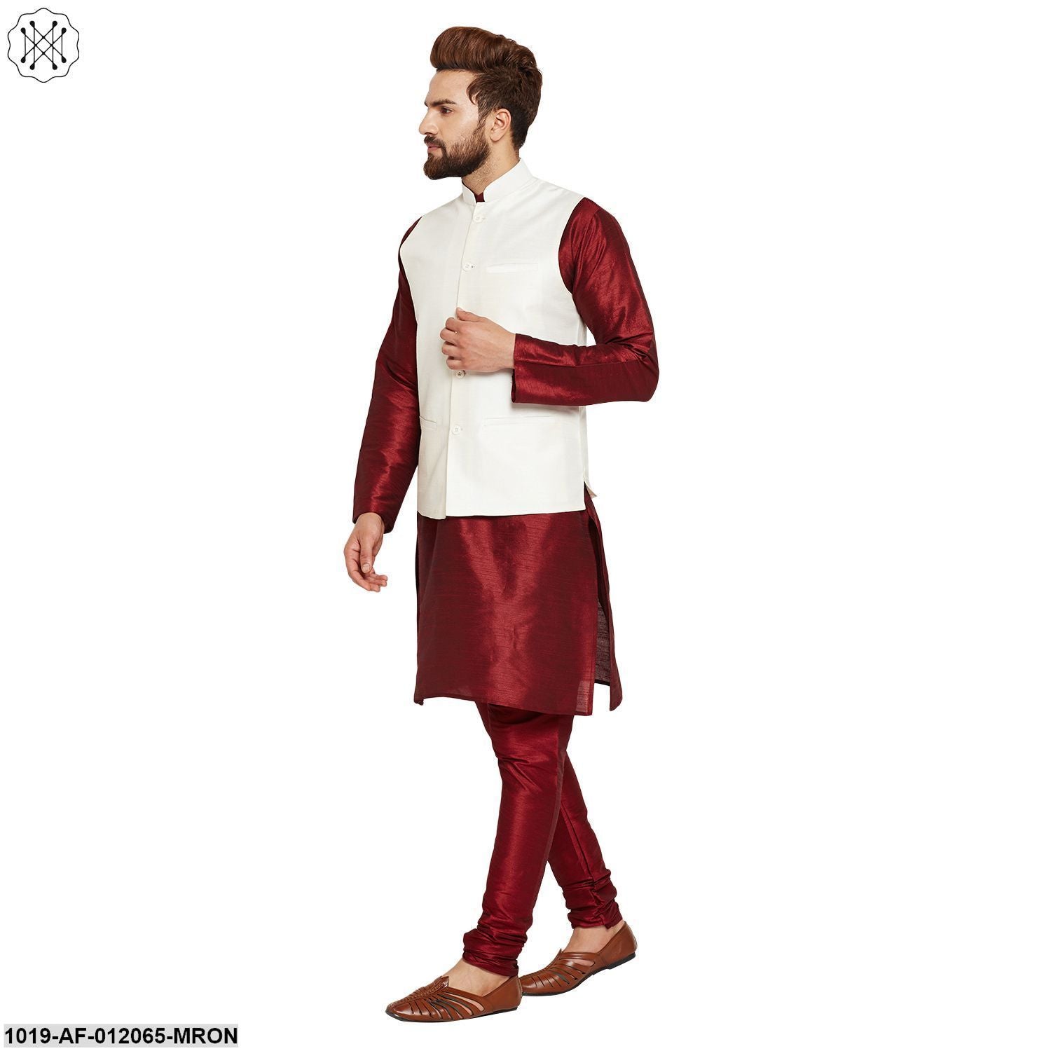 Men's Dupion Silk Kurta Pyjama And Nehru Jacket Set