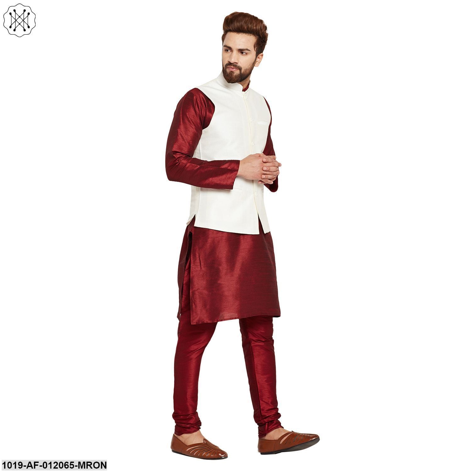 Men's Dupion Silk Kurta Pyjama And Nehru Jacket Set