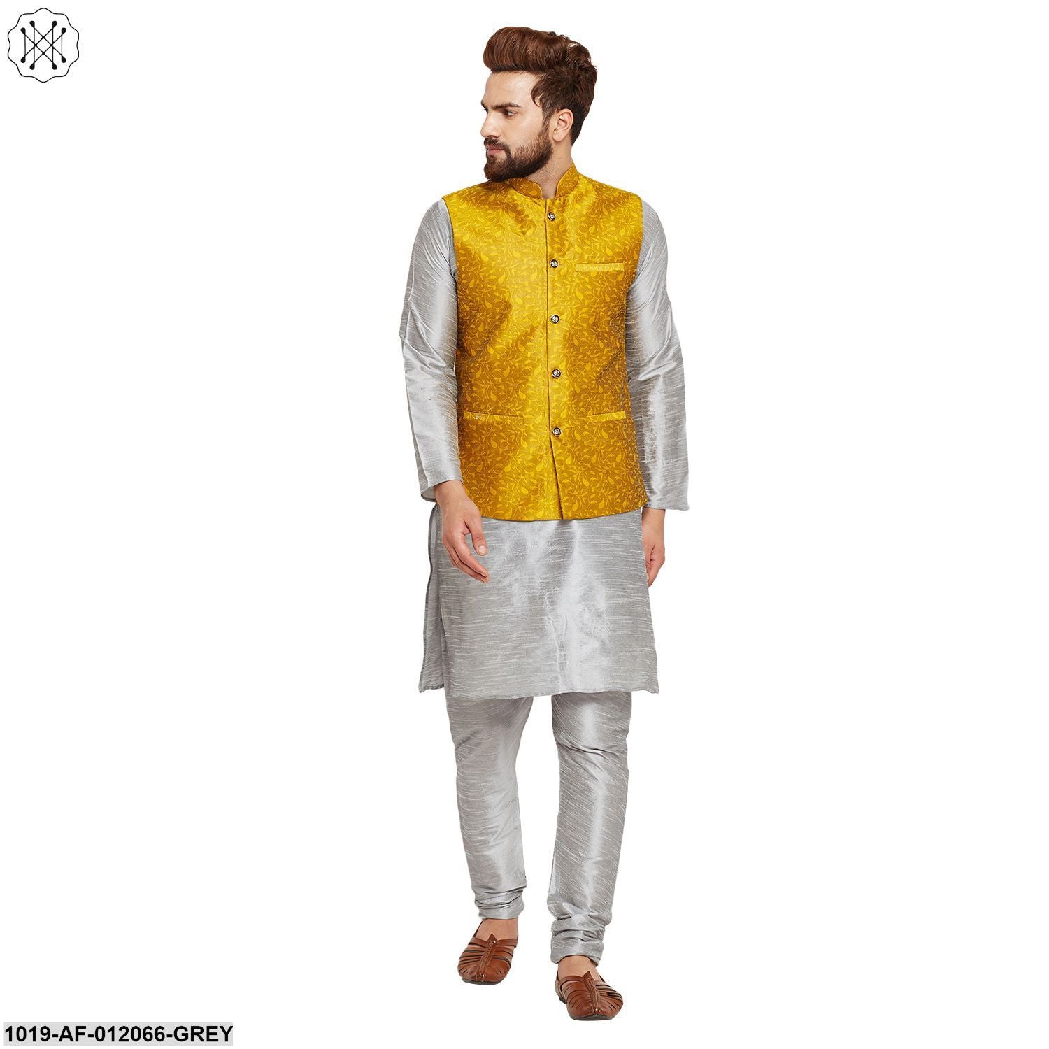 Men's Dupion Silk Kurta Pyjama And Jacquard Silk Nehru Jacket Set