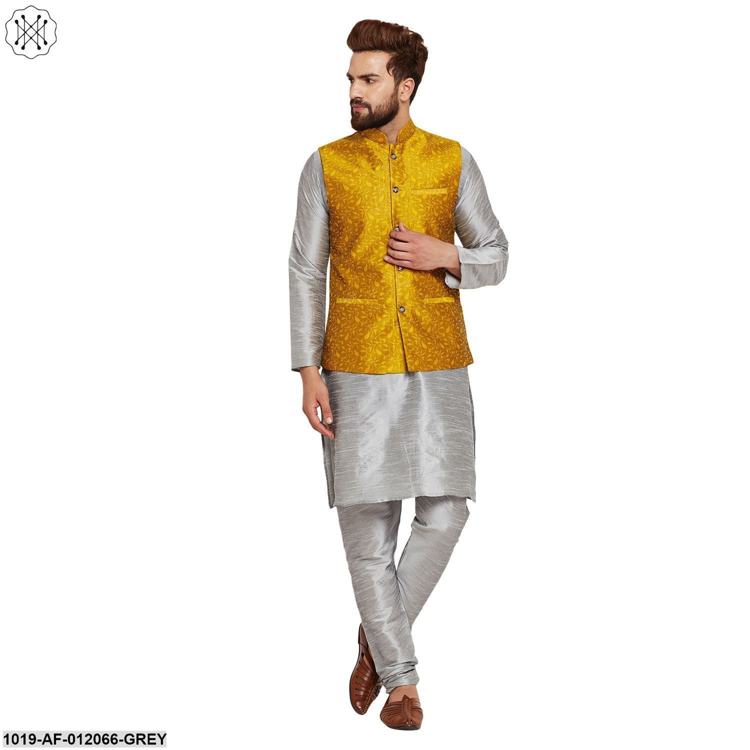 Men's Dupion Silk Kurta Pyjama And Jacquard Silk Nehru Jacket Set