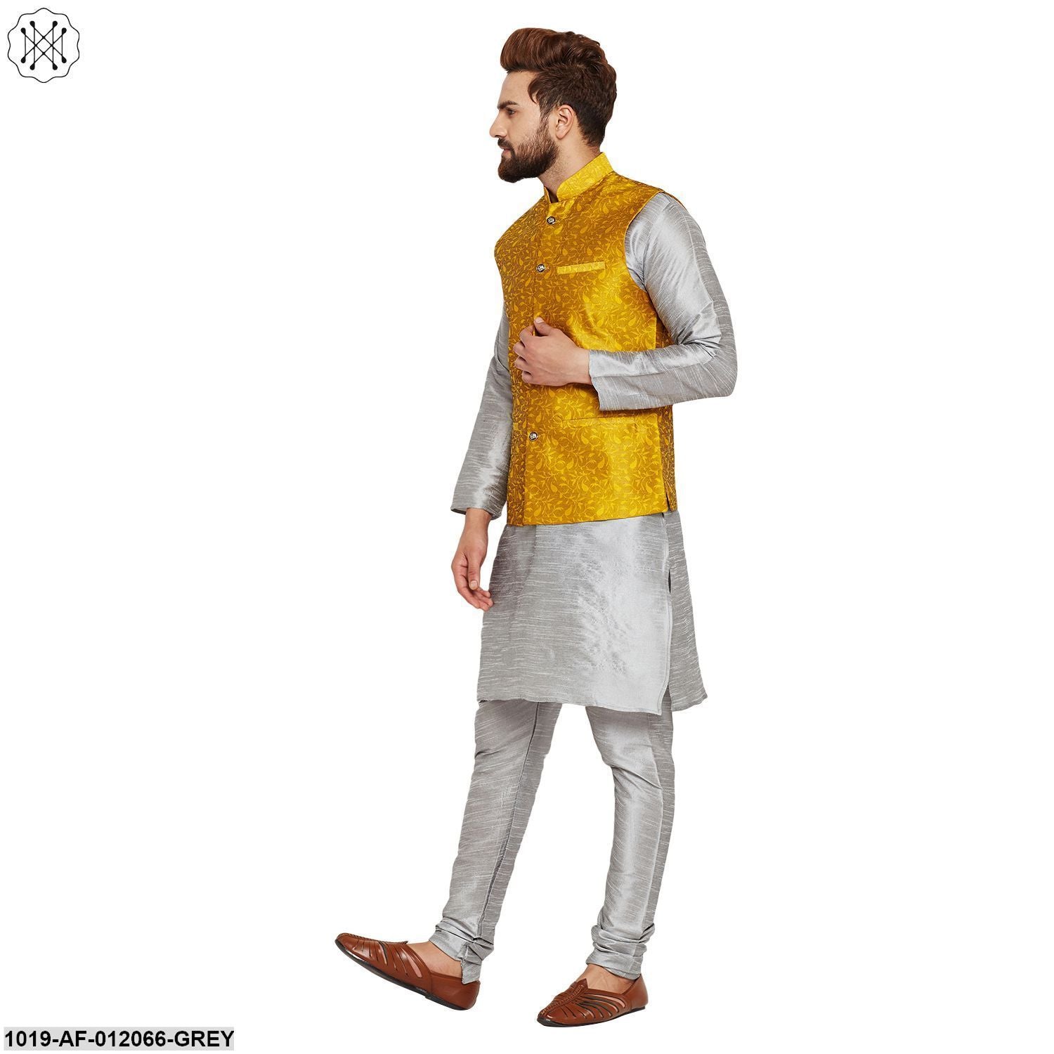 Men's Dupion Silk Kurta Pyjama And Jacquard Silk Nehru Jacket Set