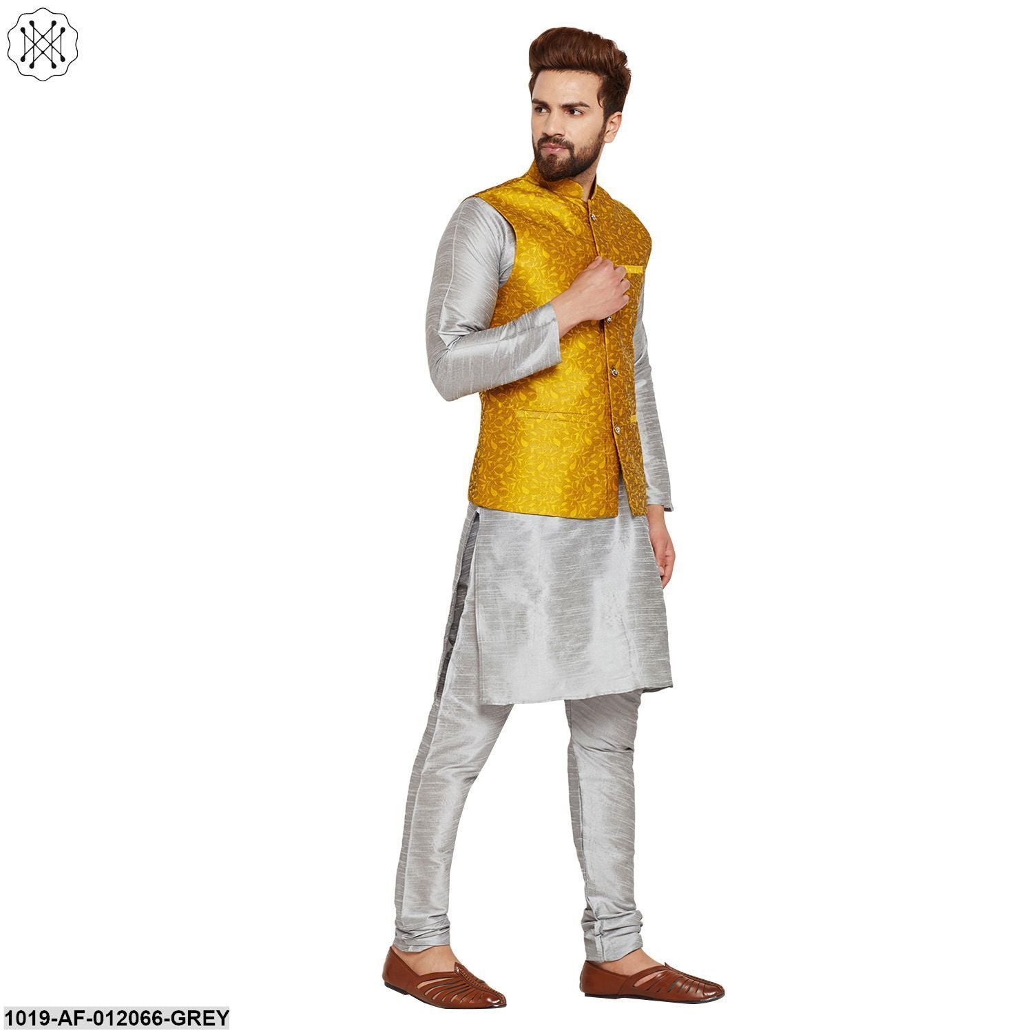 Men's Dupion Silk Kurta Pyjama And Jacquard Silk Nehru Jacket Set