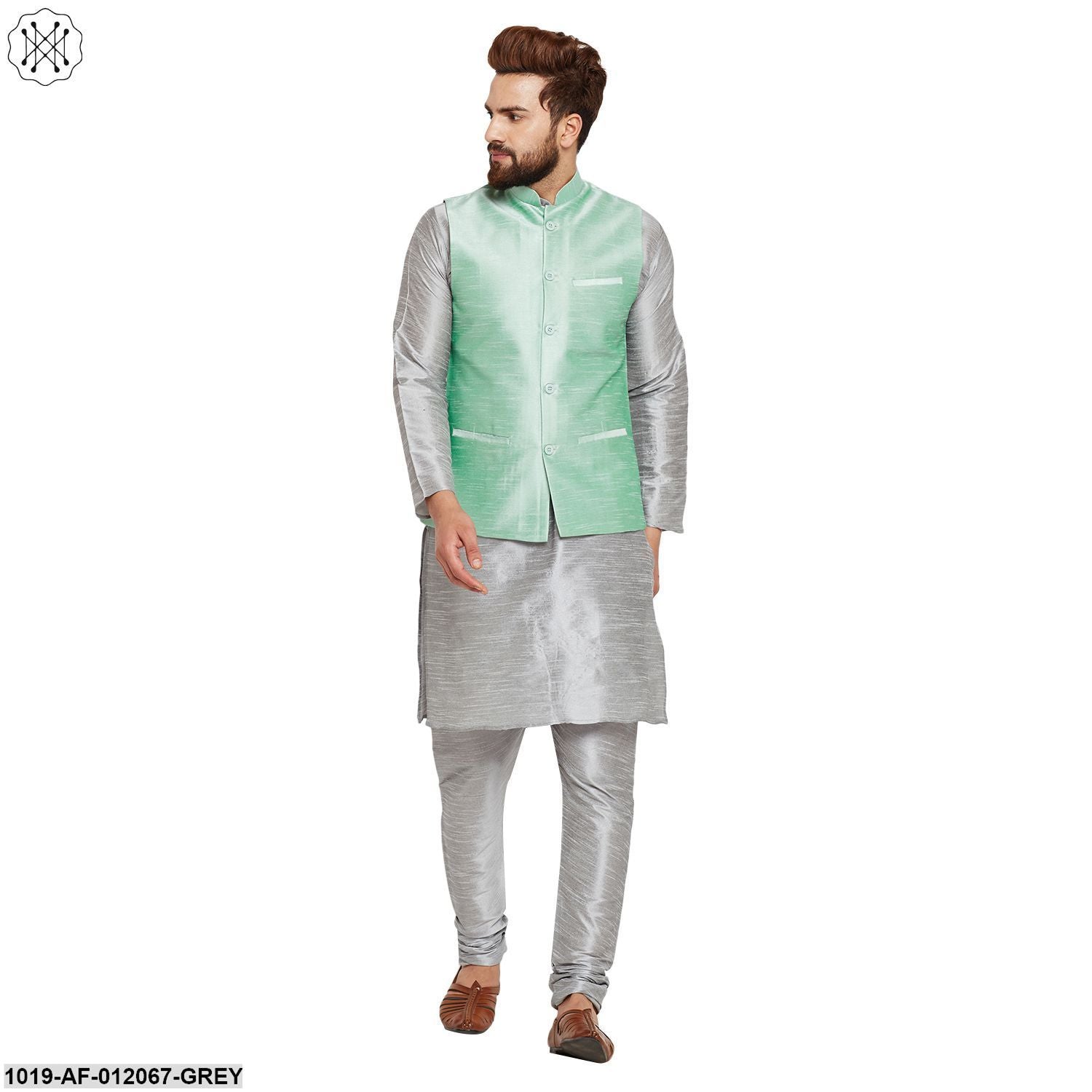 Men's Dupion Silk Kurta Pyjama And Nehru Jacket Set