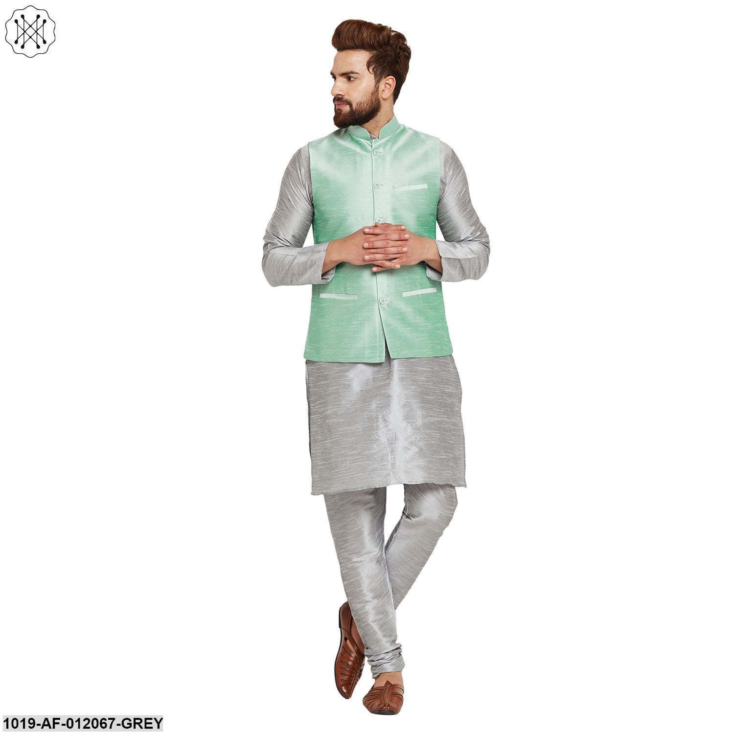 Men's Dupion Silk Kurta Pyjama And Nehru Jacket Set