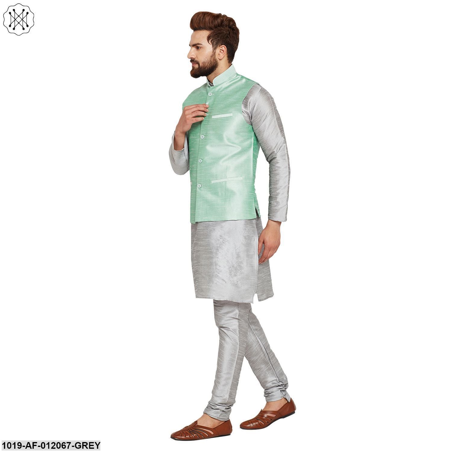Men's Dupion Silk Kurta Pyjama And Nehru Jacket Set
