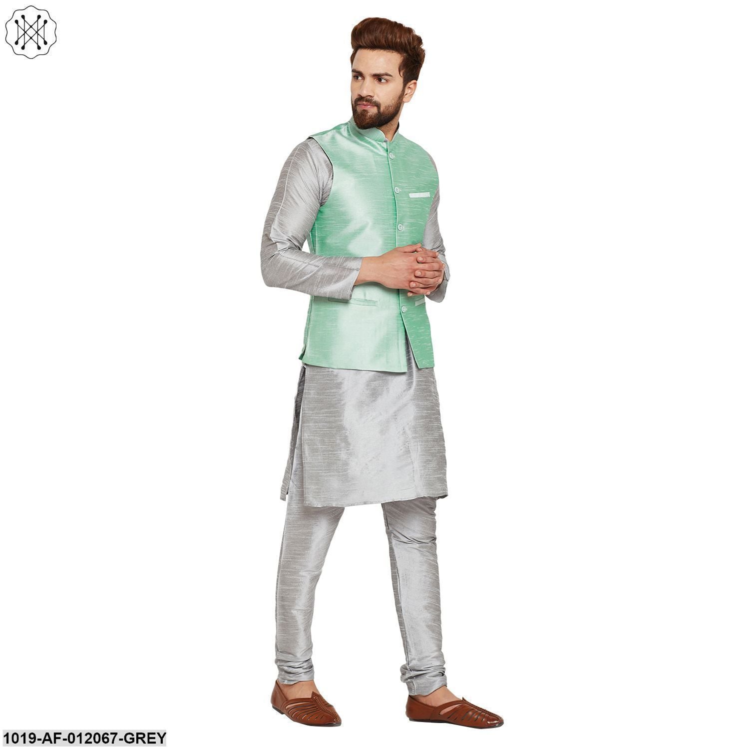 Men's Dupion Silk Kurta Pyjama And Nehru Jacket Set