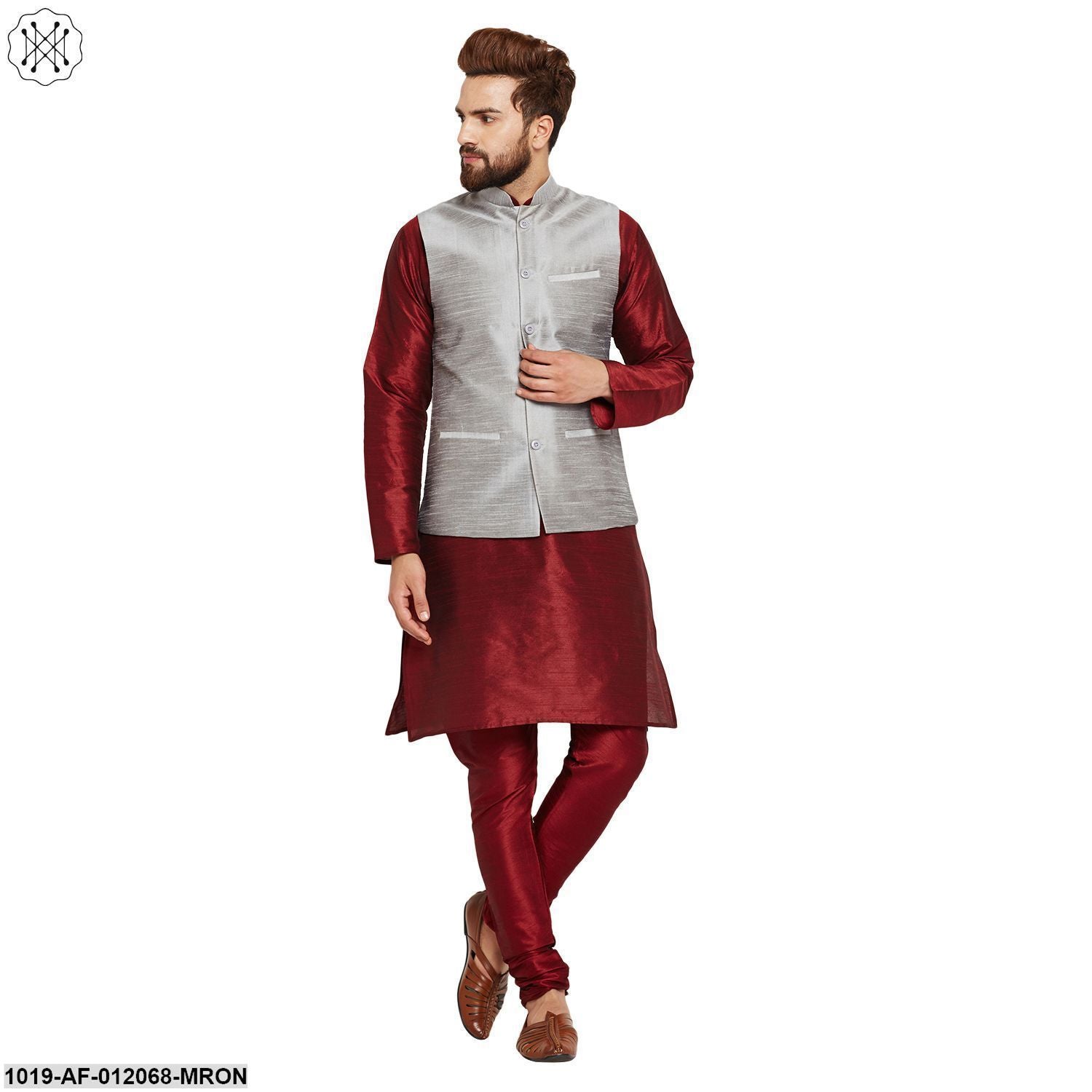 Men's Dupion Silk Kurta Pyjama And Nehru Jacket Set