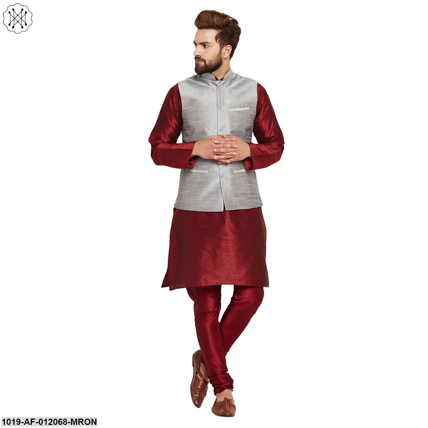Men's Dupion Silk Kurta Pyjama And Nehru Jacket Set