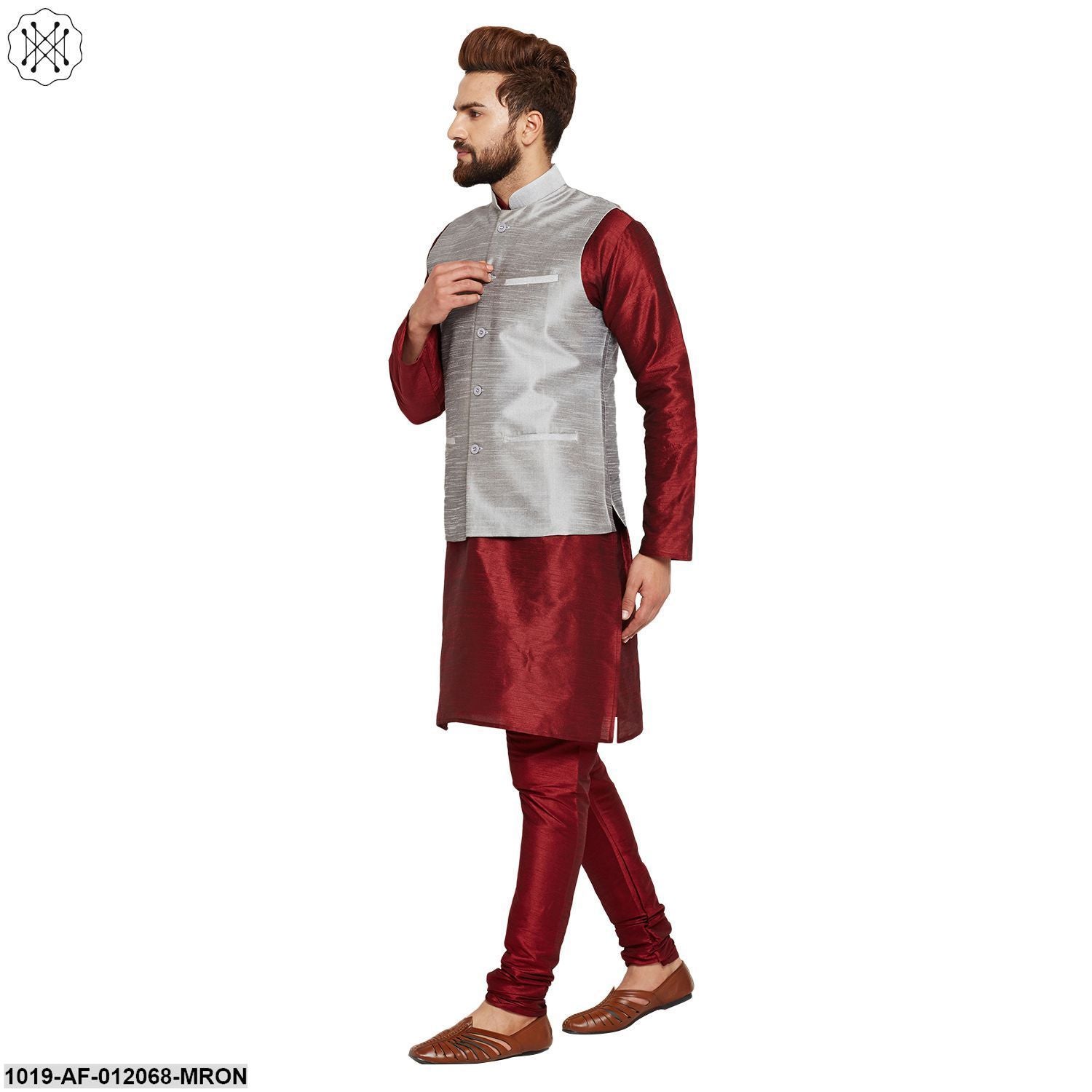 Men's Dupion Silk Kurta Pyjama And Nehru Jacket Set