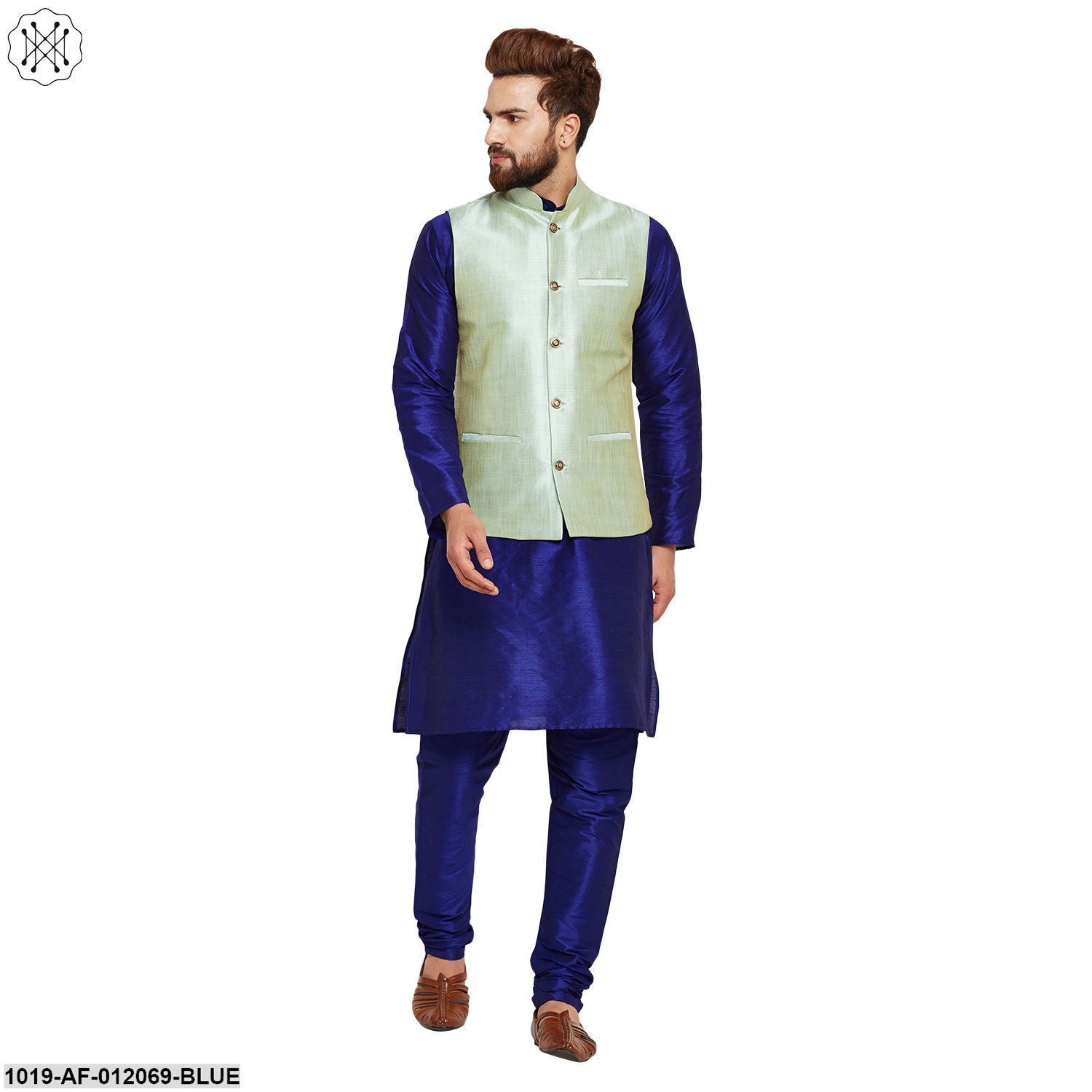 Men's Dupion Silk Kurta Pyjama And Nehru Jacket Set