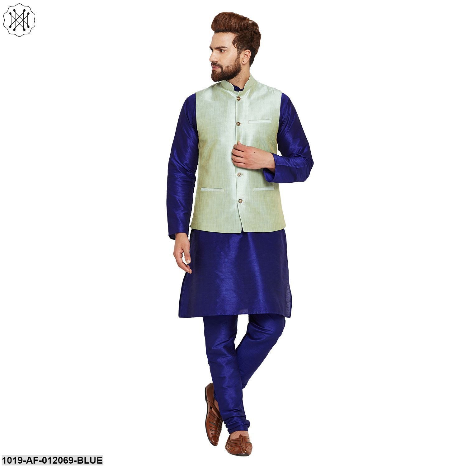 Men's Dupion Silk Kurta Pyjama And Nehru Jacket Set
