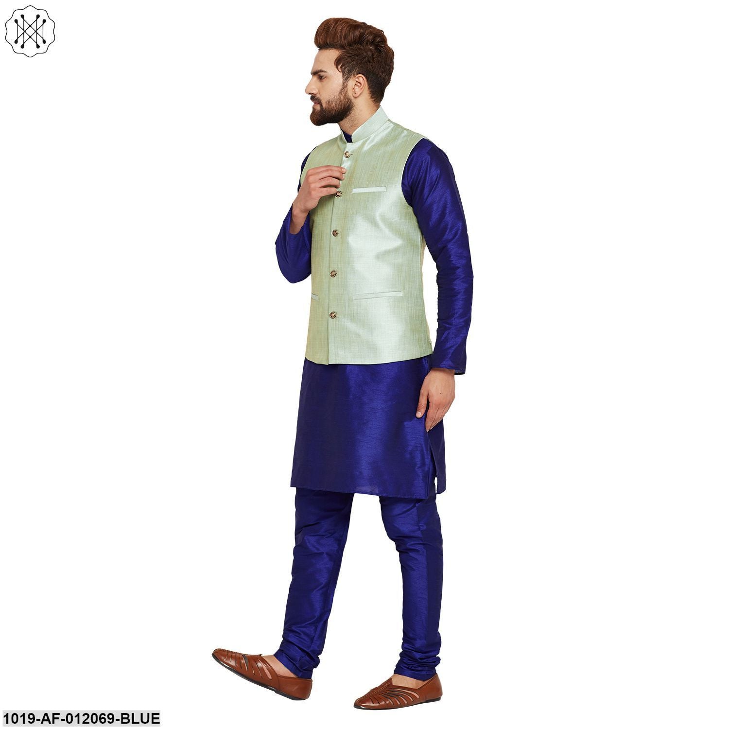 Men's Dupion Silk Kurta Pyjama And Nehru Jacket Set