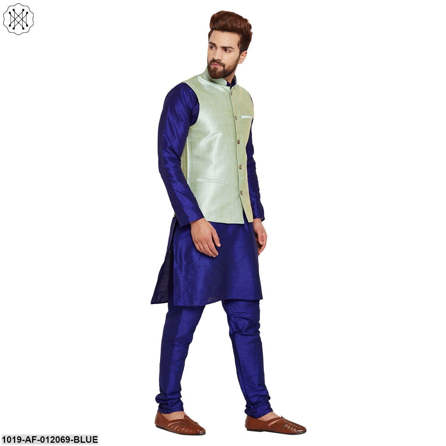 Men's Dupion Silk Kurta Pyjama And Nehru Jacket Set
