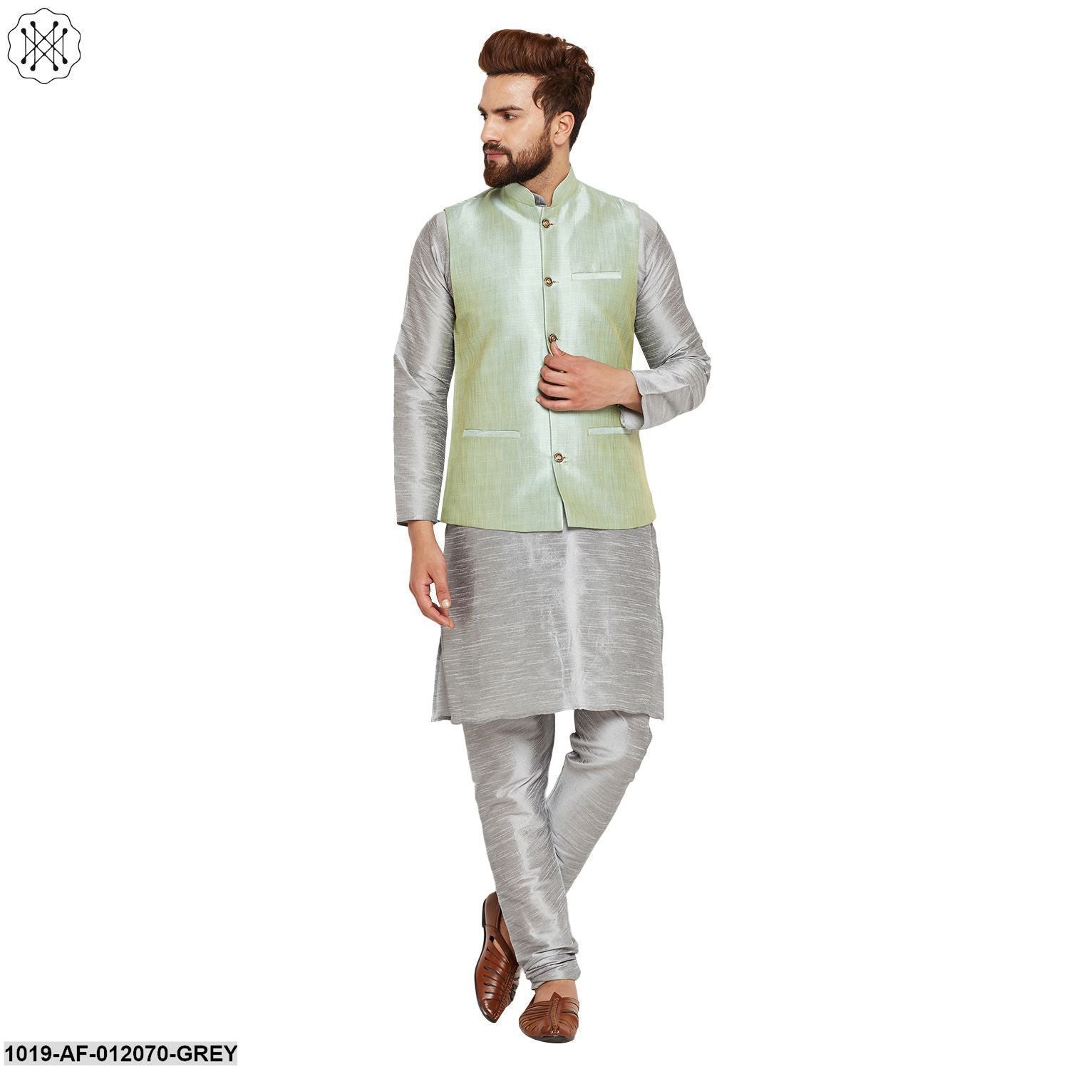 Men's Dupion Silk Kurta Pyjama And Nehru Jacket Set
