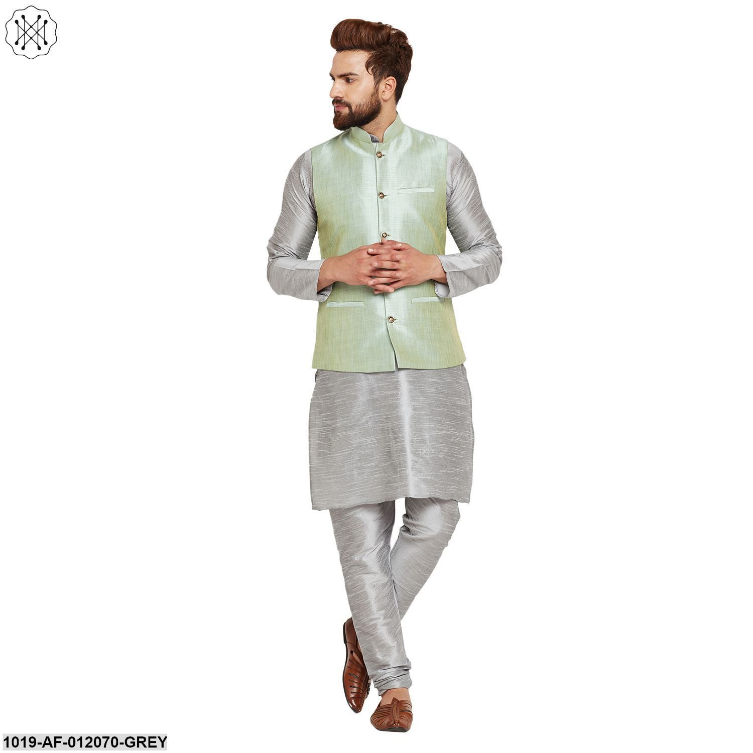Men's Dupion Silk Kurta Pyjama And Nehru Jacket Set
