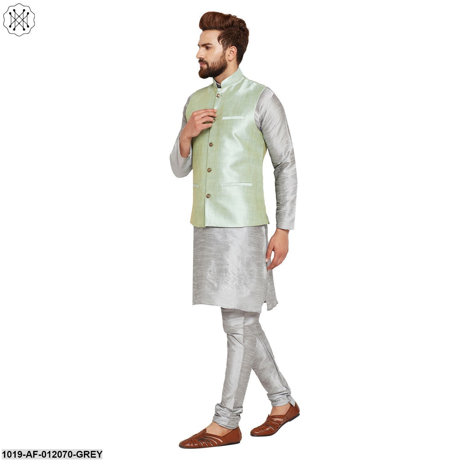 Men's Dupion Silk Kurta Pyjama And Nehru Jacket Set
