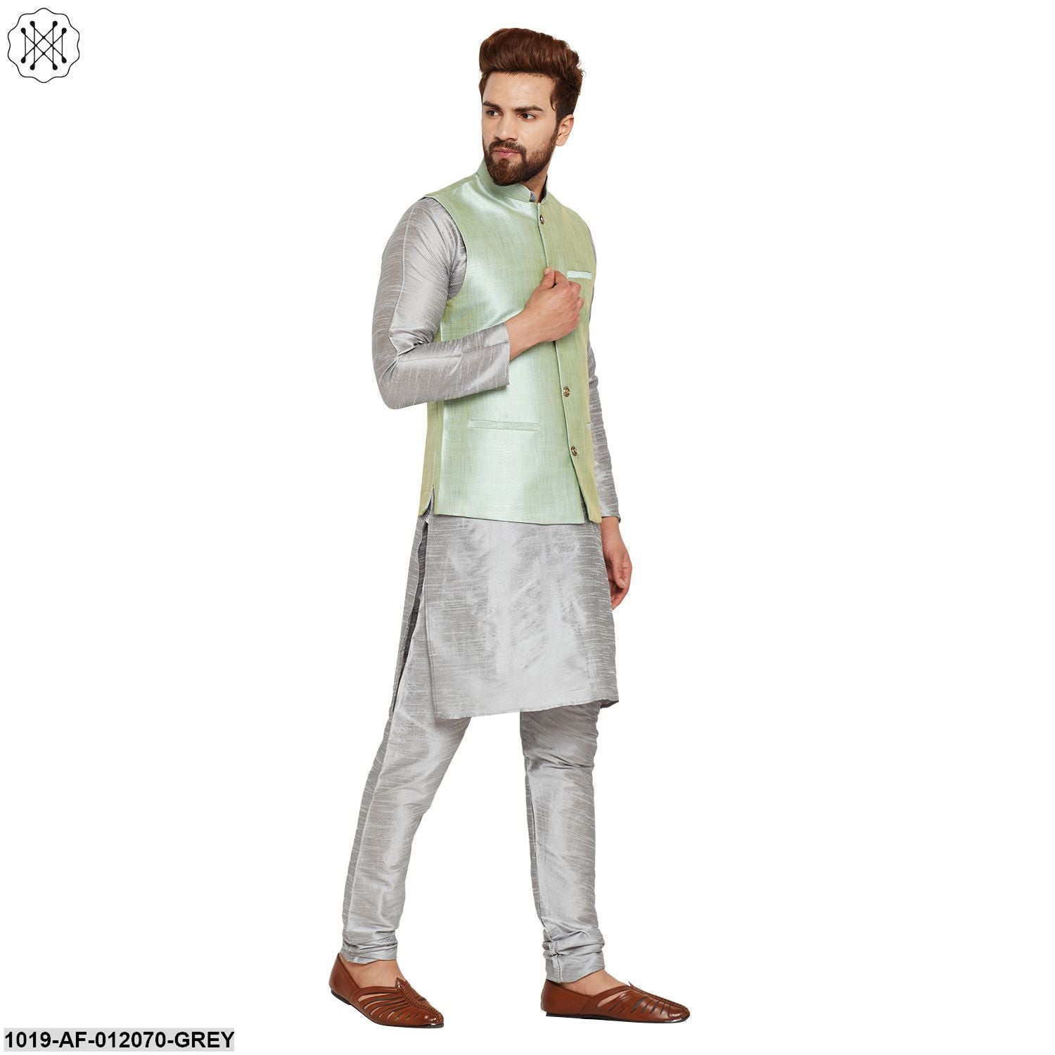 Men's Dupion Silk Kurta Pyjama And Nehru Jacket Set