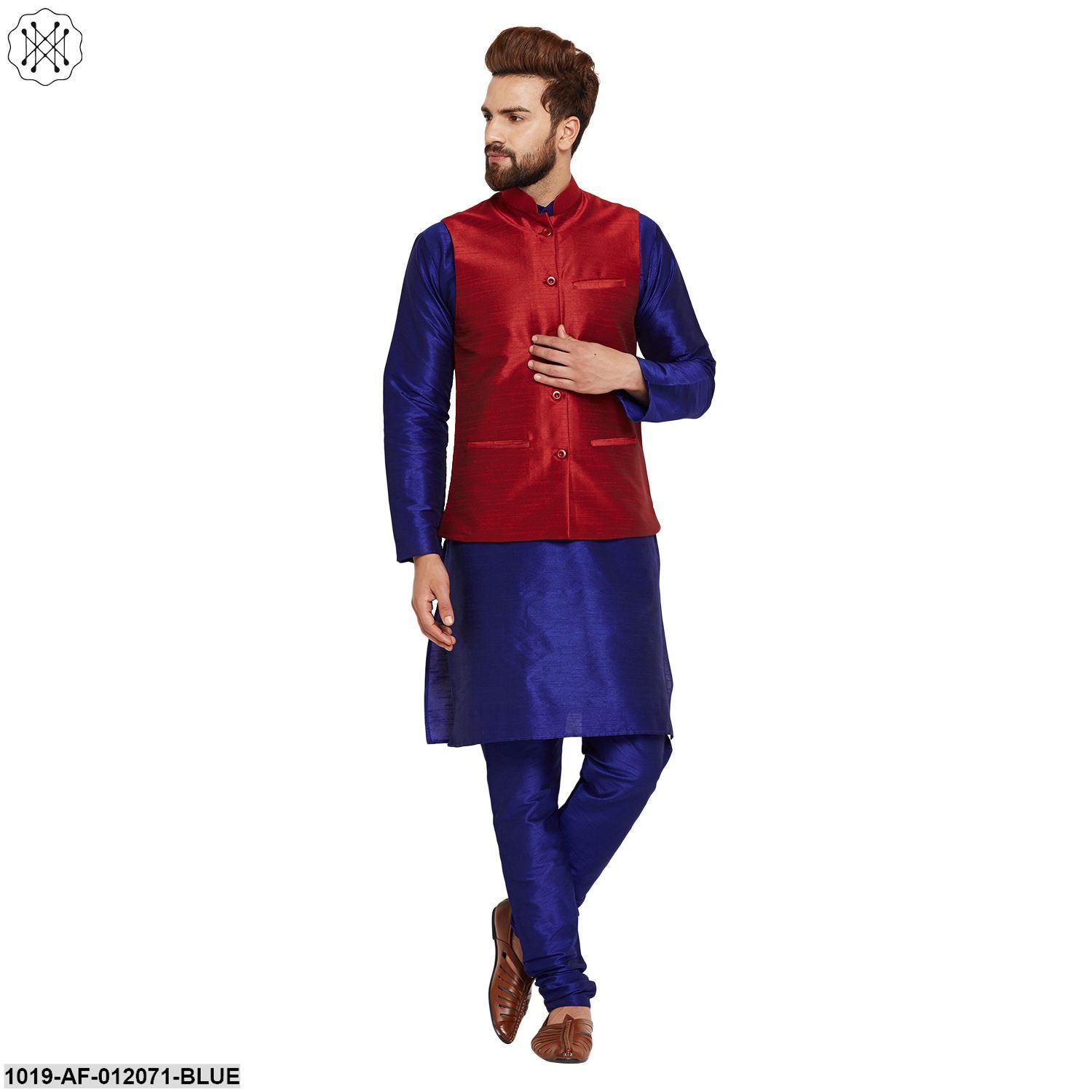 Men's Dupion Silk Kurta Pyjama And Nehru Jacket Set