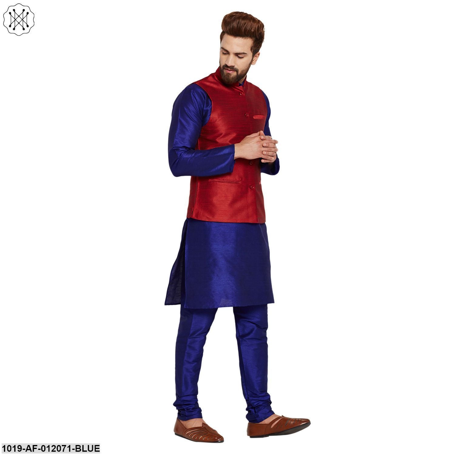 Men's Dupion Silk Kurta Pyjama And Nehru Jacket Set