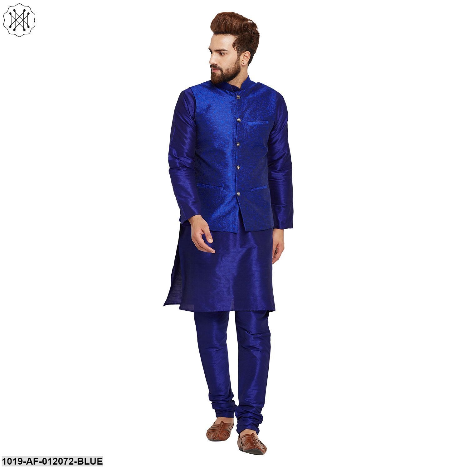 Men's Dupion Silk Kurta Pyjama And Jacquard Silk Nehru Jacket Set