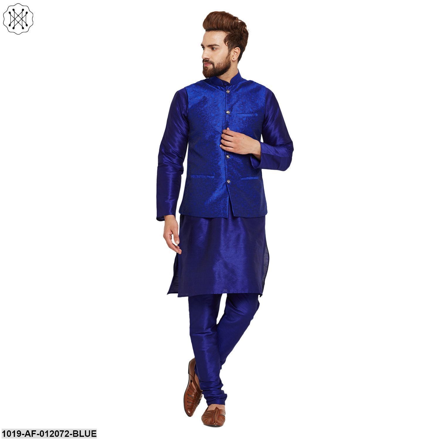 Men's Dupion Silk Kurta Pyjama And Jacquard Silk Nehru Jacket Set