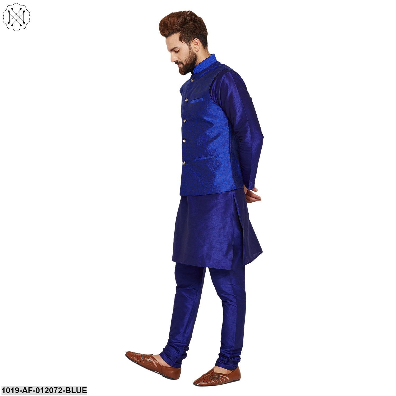 Men's Dupion Silk Kurta Pyjama And Jacquard Silk Nehru Jacket Set