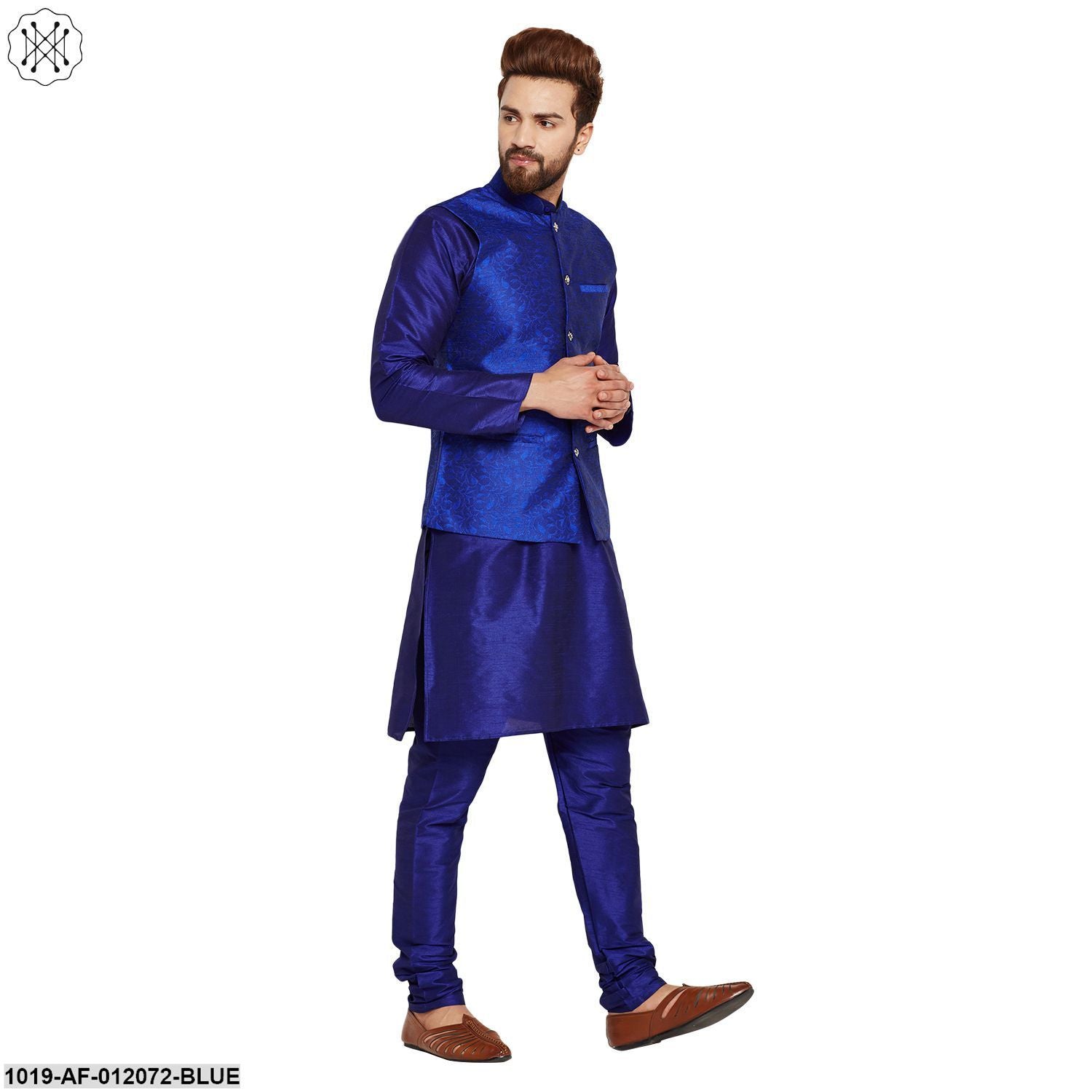 Men's Dupion Silk Kurta Pyjama And Jacquard Silk Nehru Jacket Set