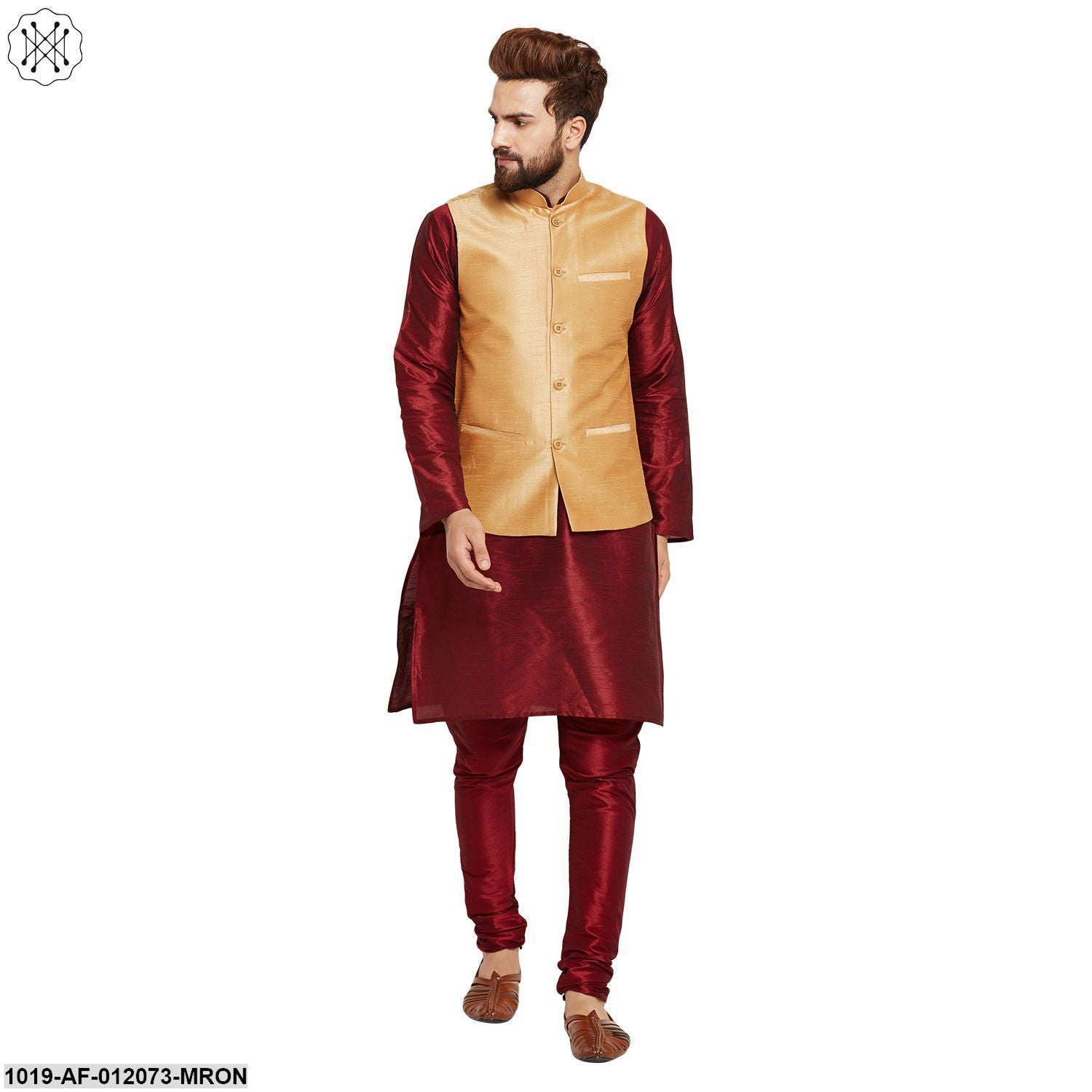 Men's Dupion Silk Kurta Pyjama And Nehru Jacket Set