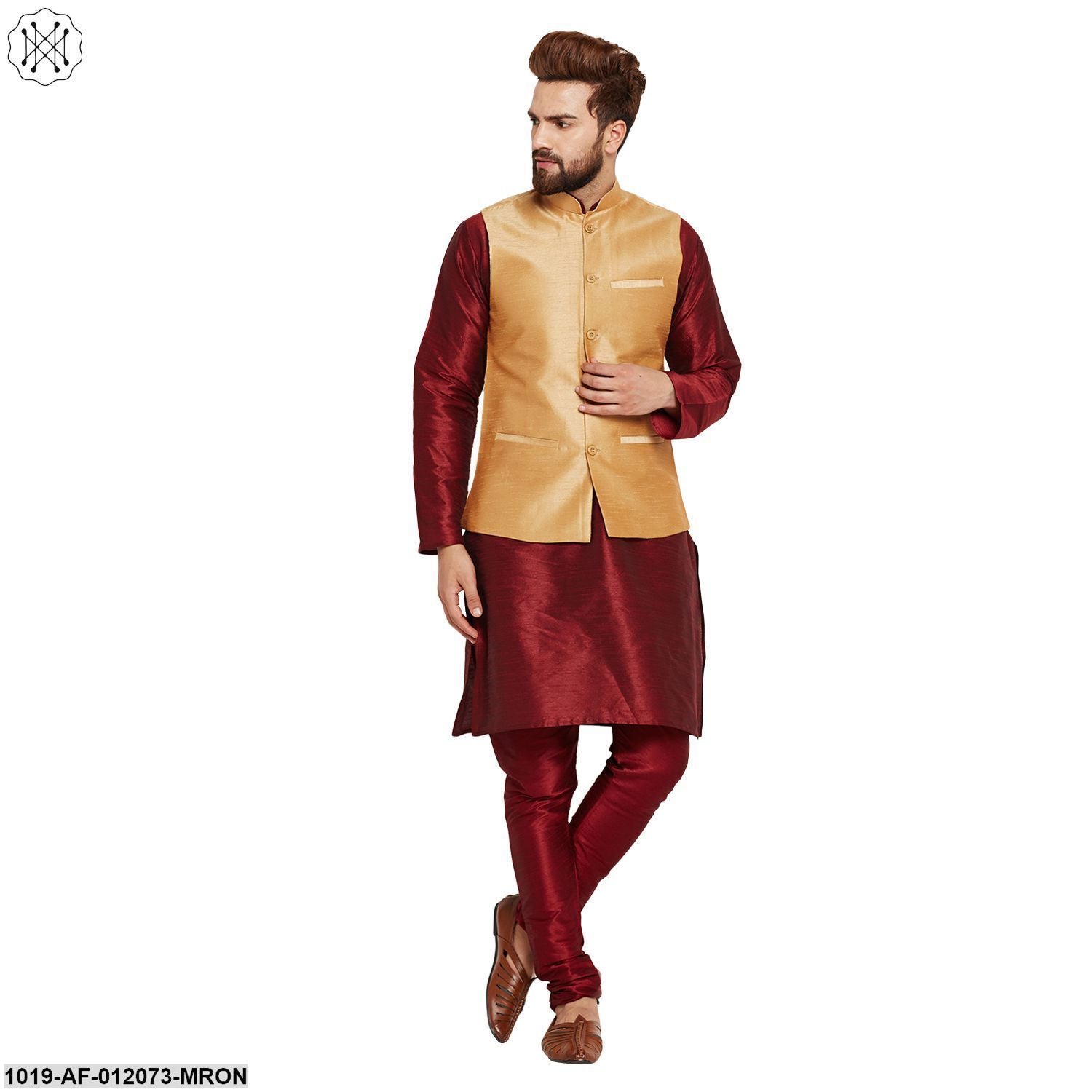 Men's Dupion Silk Kurta Pyjama And Nehru Jacket Set