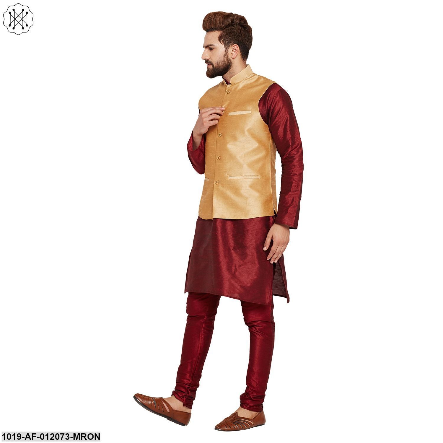 Men's Dupion Silk Kurta Pyjama And Nehru Jacket Set