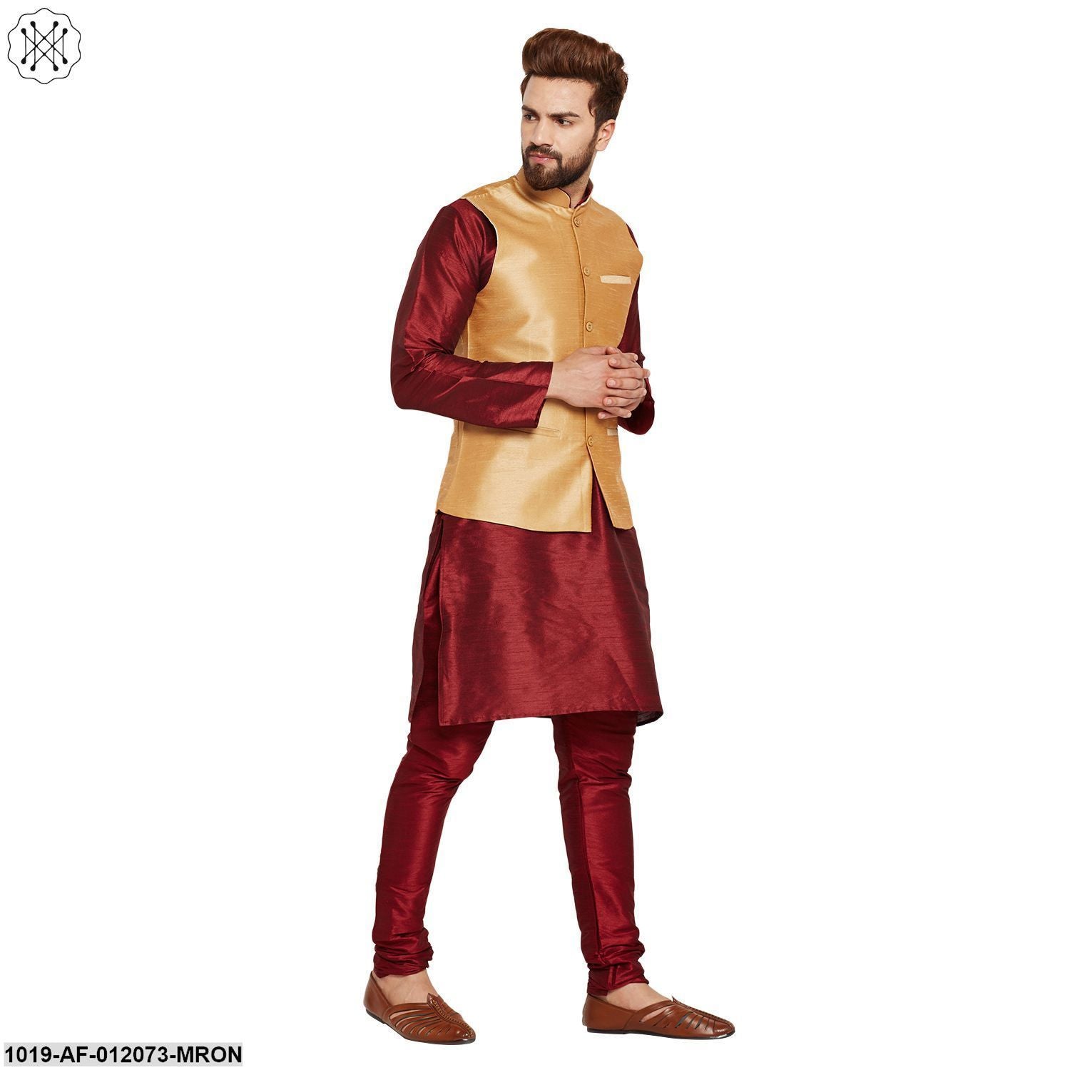 Men's Dupion Silk Kurta Pyjama And Nehru Jacket Set