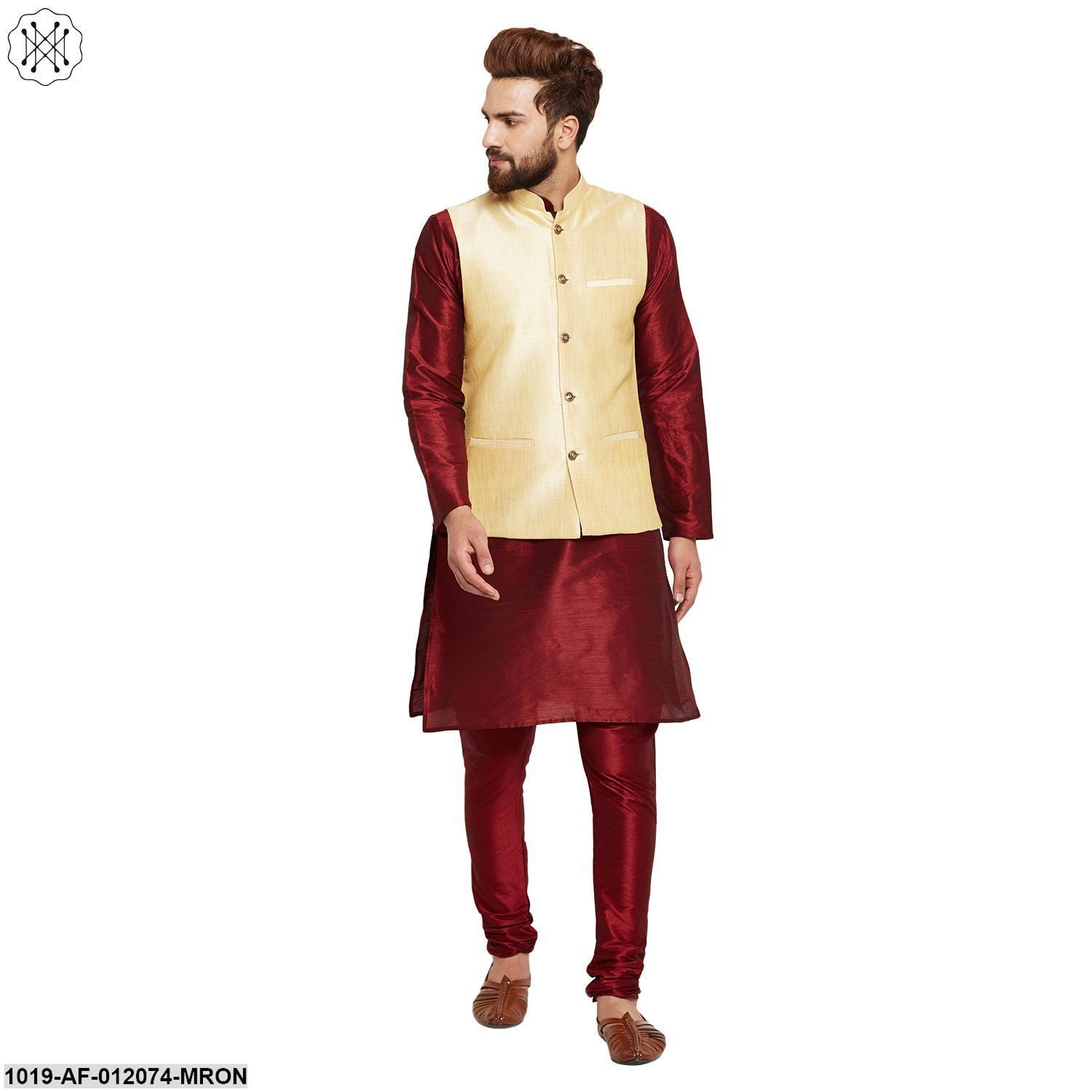 Men's Dupion Silk Kurta Pyjama And Nehru Jacket Set