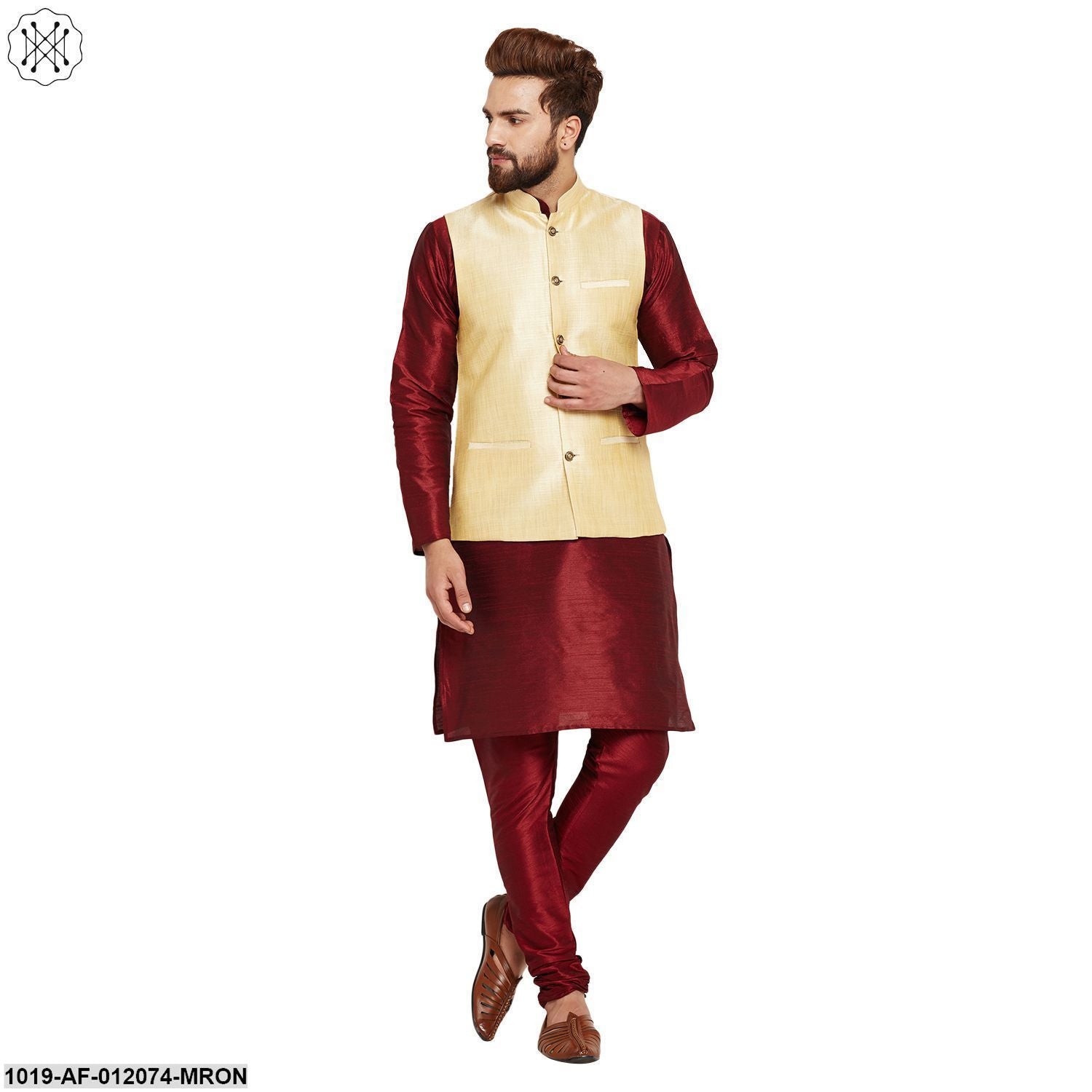 Men's Dupion Silk Kurta Pyjama And Nehru Jacket Set