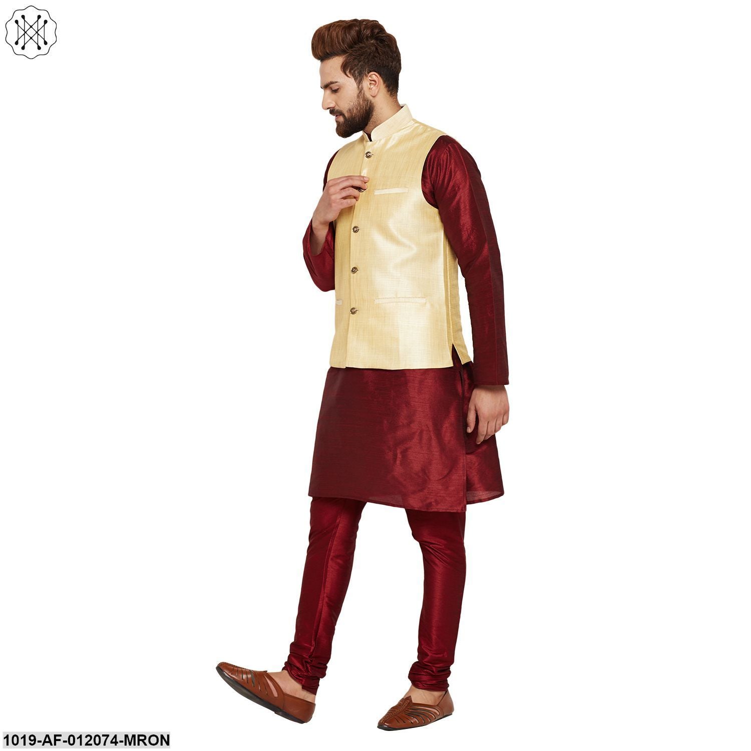 Men's Dupion Silk Kurta Pyjama And Nehru Jacket Set