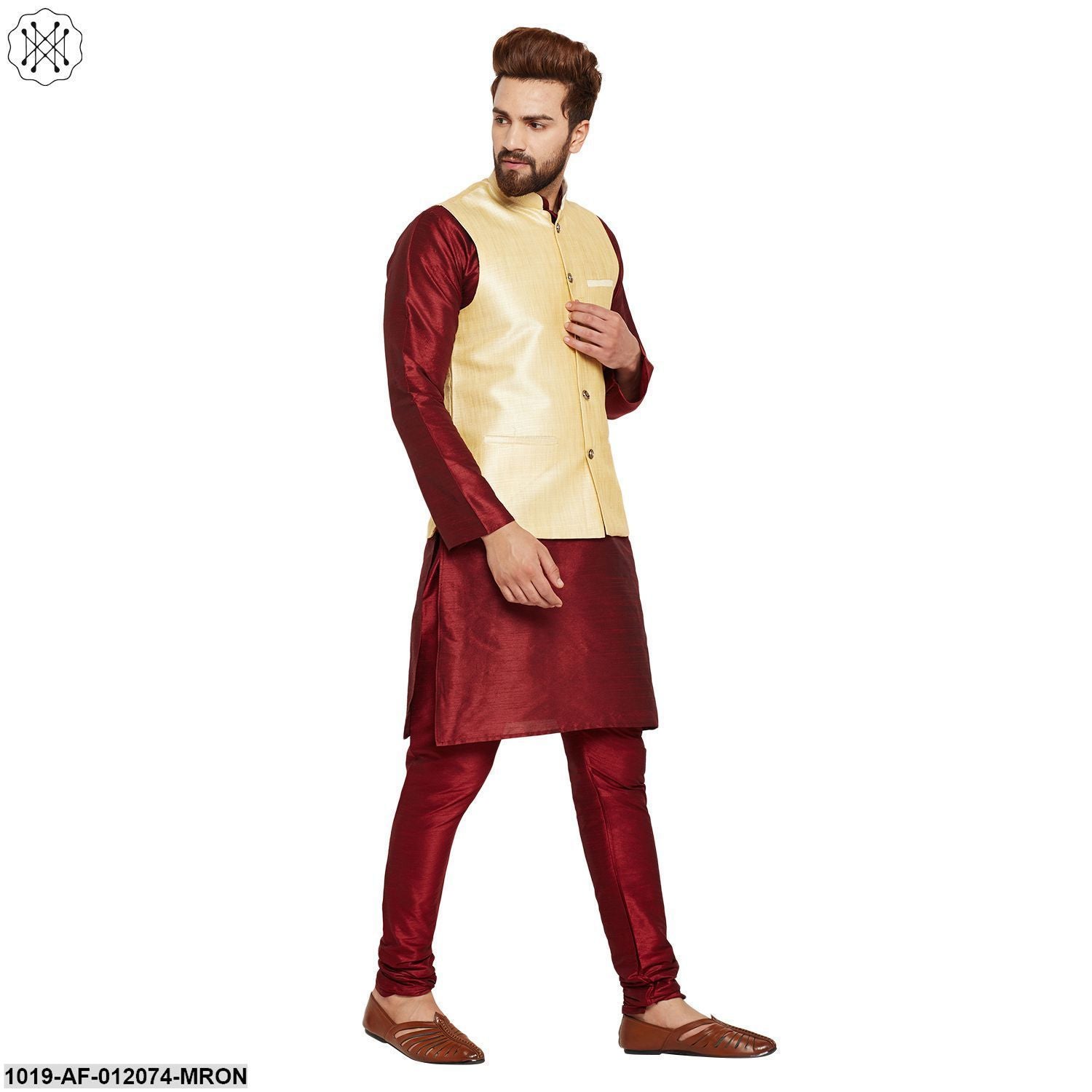 Men's Dupion Silk Kurta Pyjama And Nehru Jacket Set