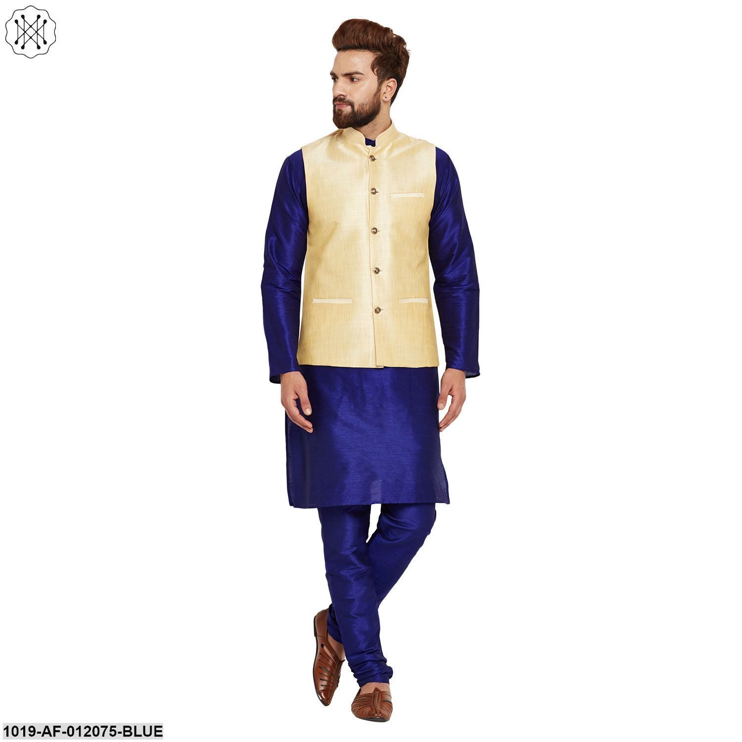 Men's Dupion Silk Kurta Pyjama And Nehru Jacket Set