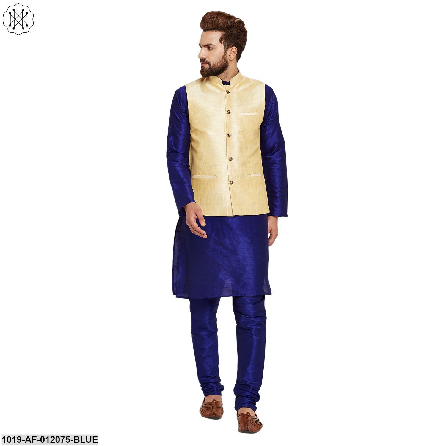 Men's Dupion Silk Kurta Pyjama And Nehru Jacket Set