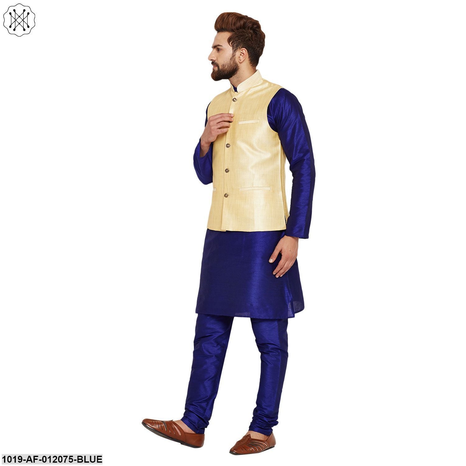 Men's Dupion Silk Kurta Pyjama And Nehru Jacket Set