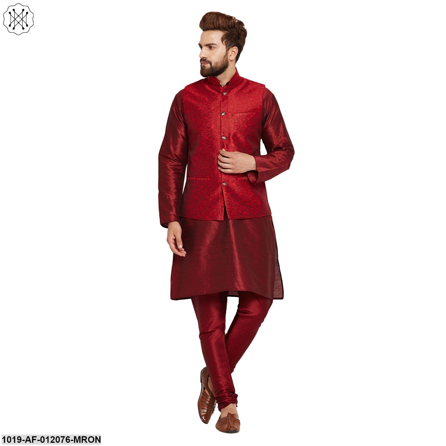 Men's Dupion Silk Kurta Pyjama And Jacquard Silk Nehru Jacket Set