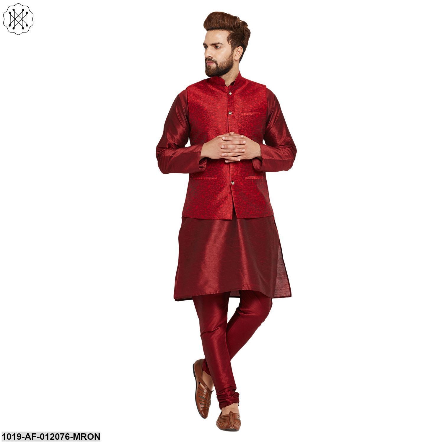 Men's Dupion Silk Kurta Pyjama And Jacquard Silk Nehru Jacket Set