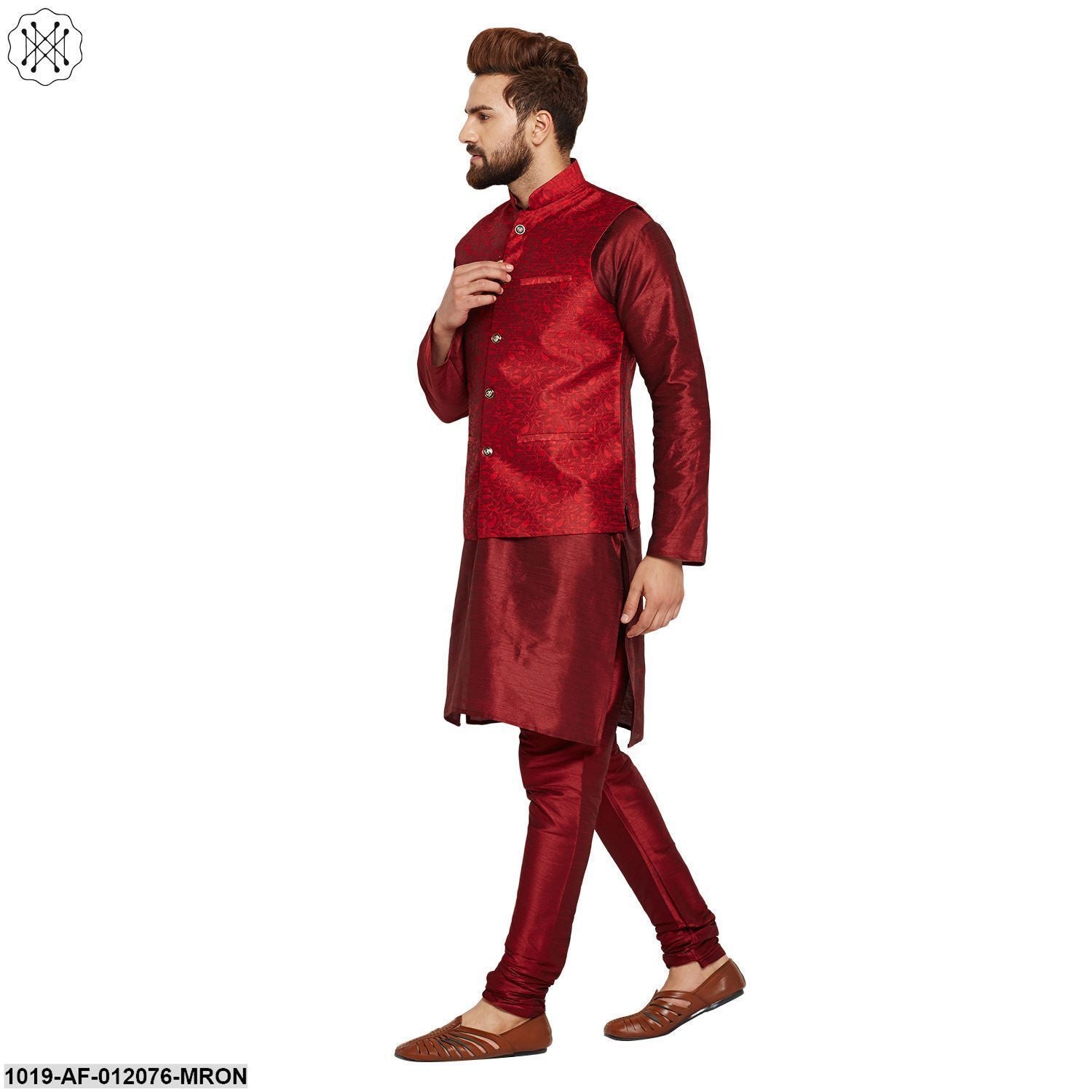 Men's Dupion Silk Kurta Pyjama And Jacquard Silk Nehru Jacket Set