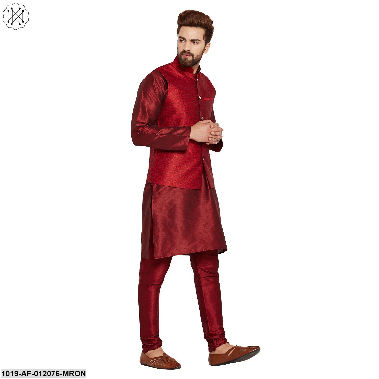 Men's Dupion Silk Kurta Pyjama And Jacquard Silk Nehru Jacket Set
