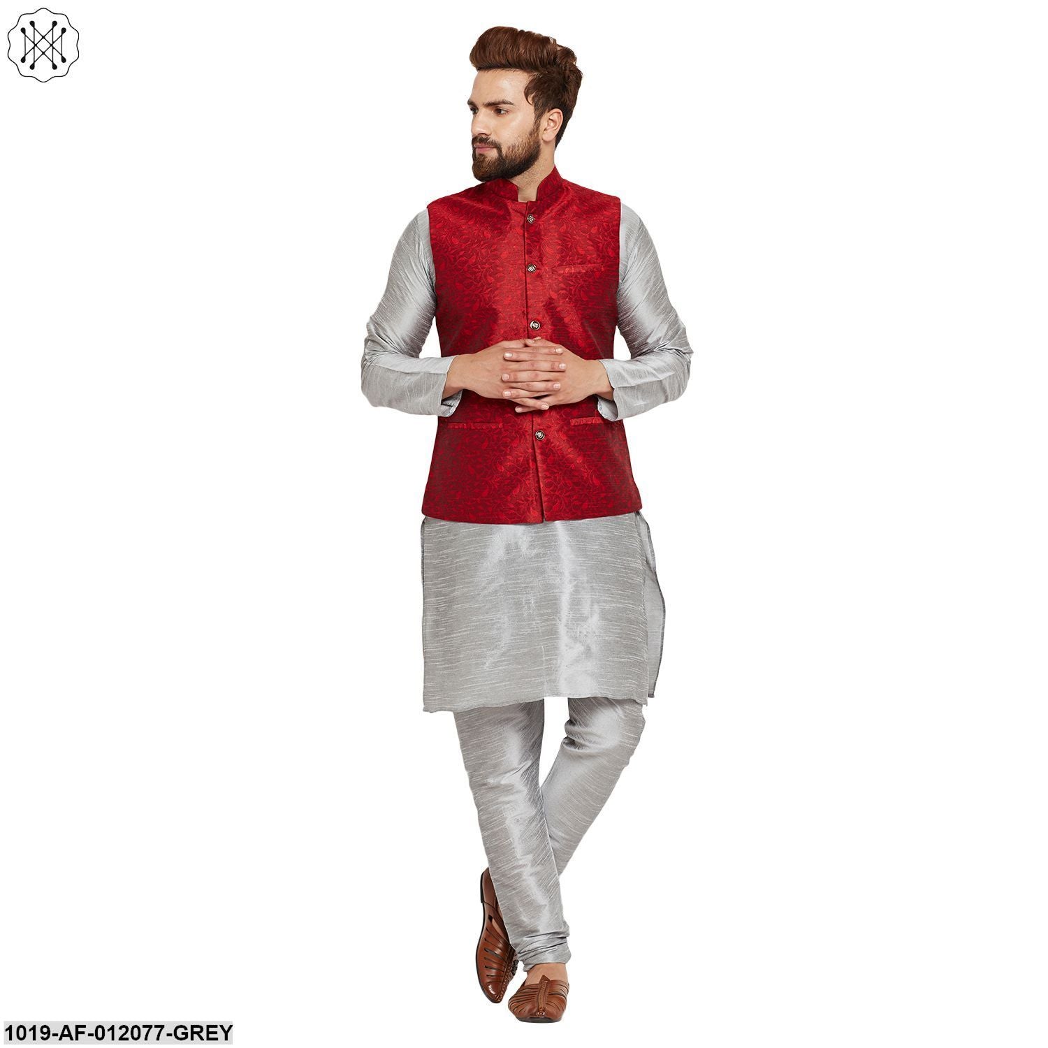 Men's Dupion Silk Kurta Pyjama And Jacquard Silk Nehru Jacket Set
