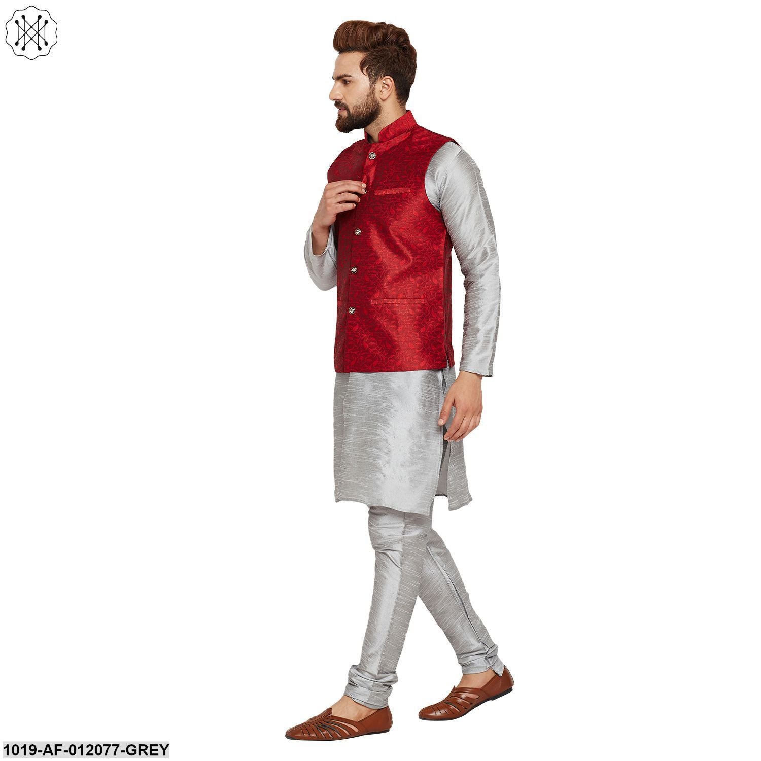Men's Dupion Silk Kurta Pyjama And Jacquard Silk Nehru Jacket Set