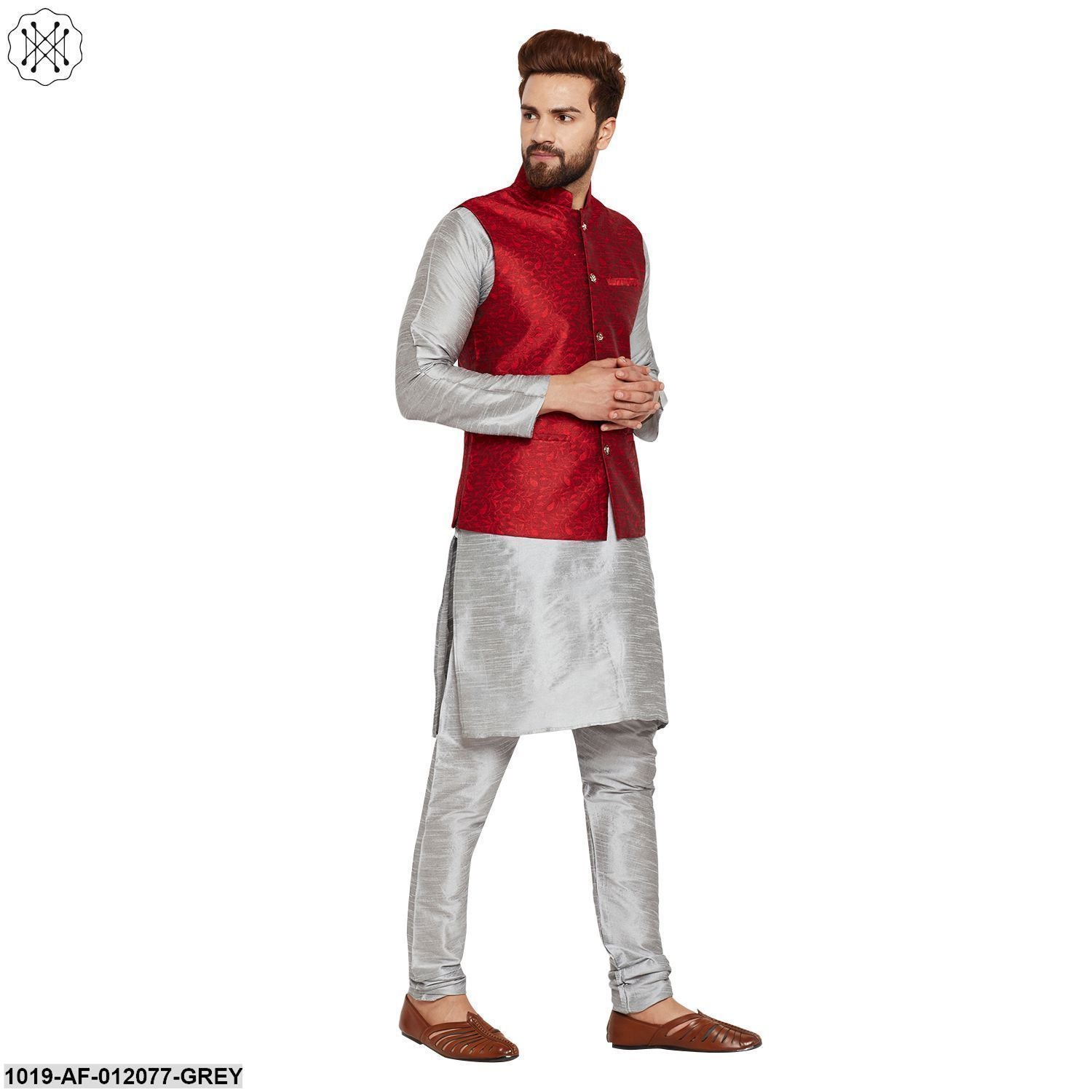 Men's Dupion Silk Kurta Pyjama And Jacquard Silk Nehru Jacket Set