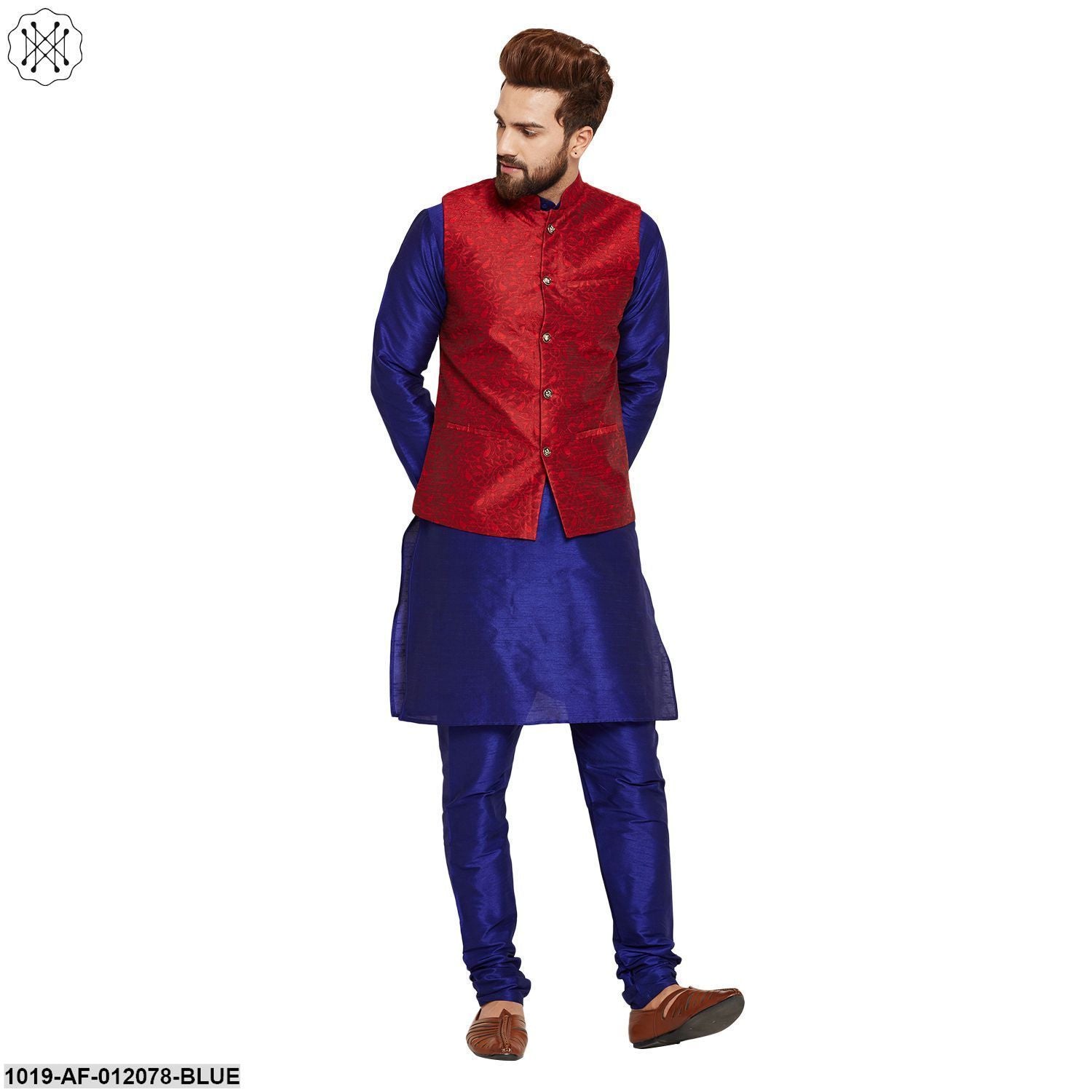 Men's Dupion Silk Kurta Pyjama And Jacquard Silk Nehru Jacket Set