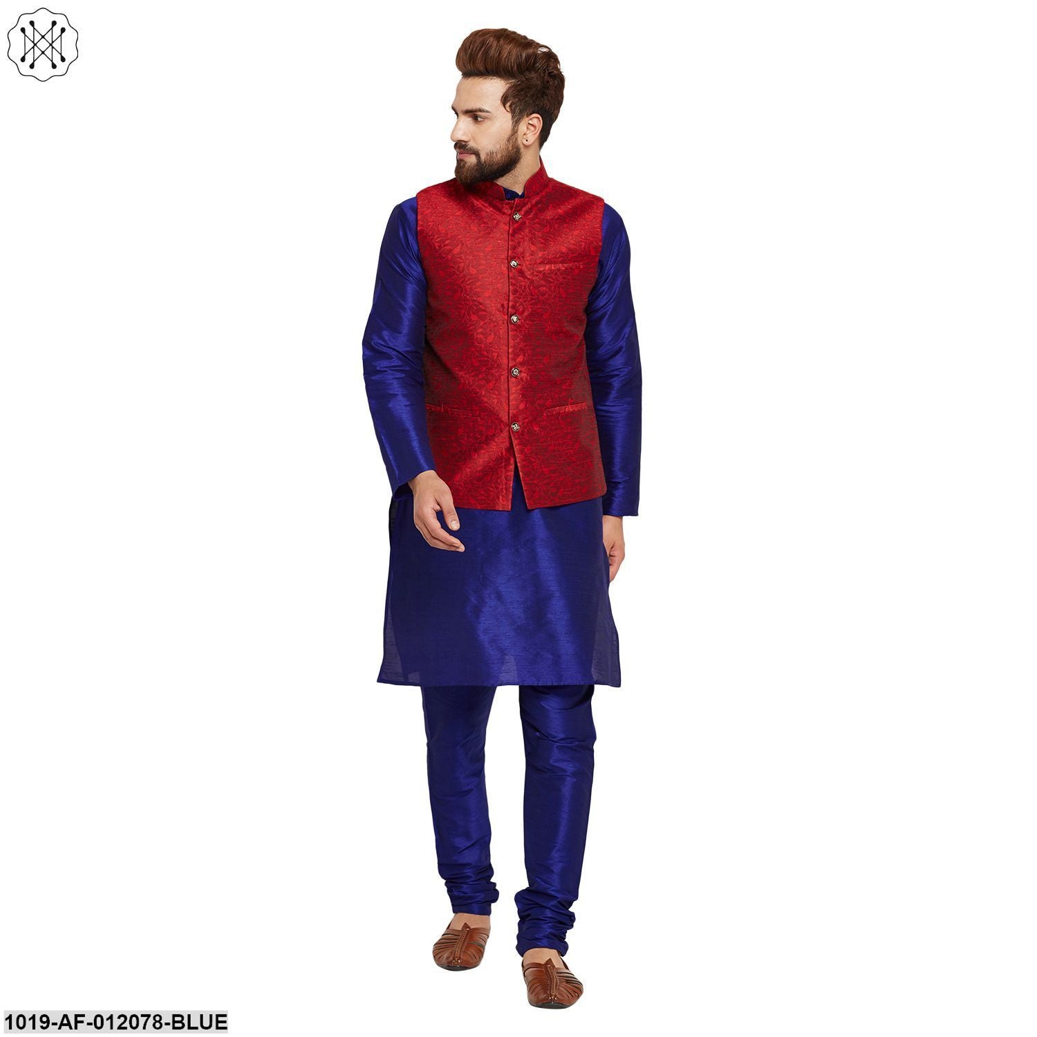 Men's Dupion Silk Kurta Pyjama And Jacquard Silk Nehru Jacket Set