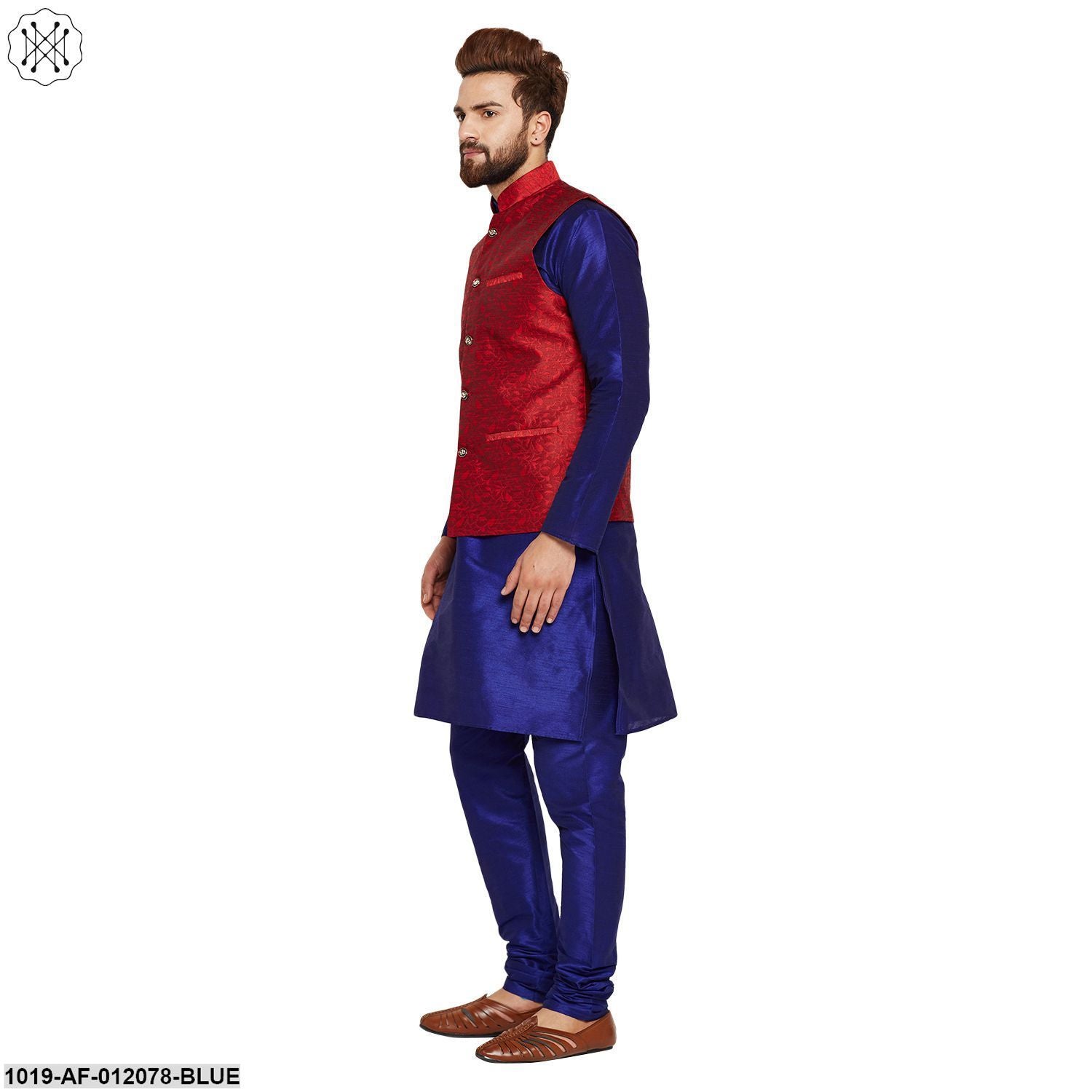 Men's Dupion Silk Kurta Pyjama And Jacquard Silk Nehru Jacket Set