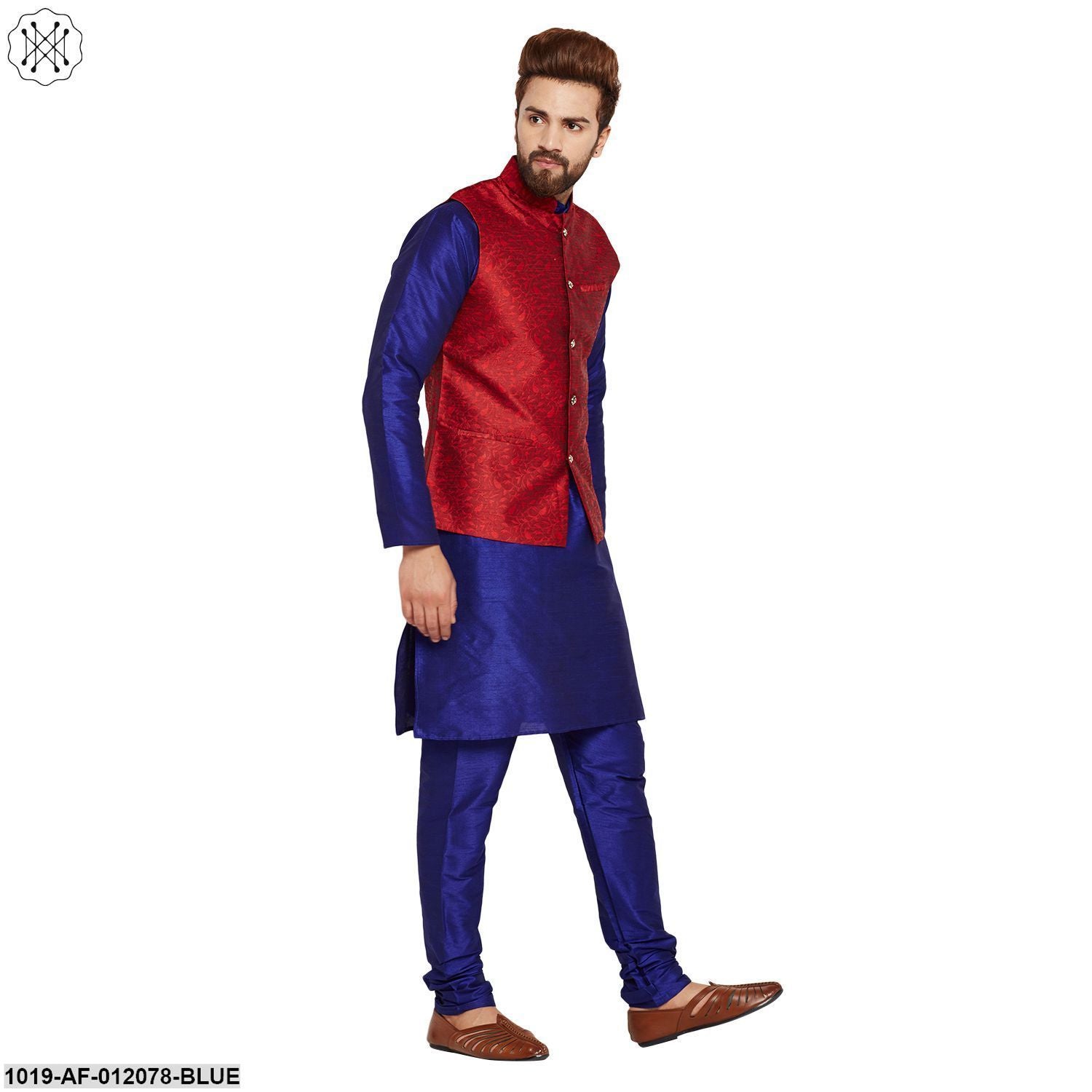 Men's Dupion Silk Kurta Pyjama And Jacquard Silk Nehru Jacket Set