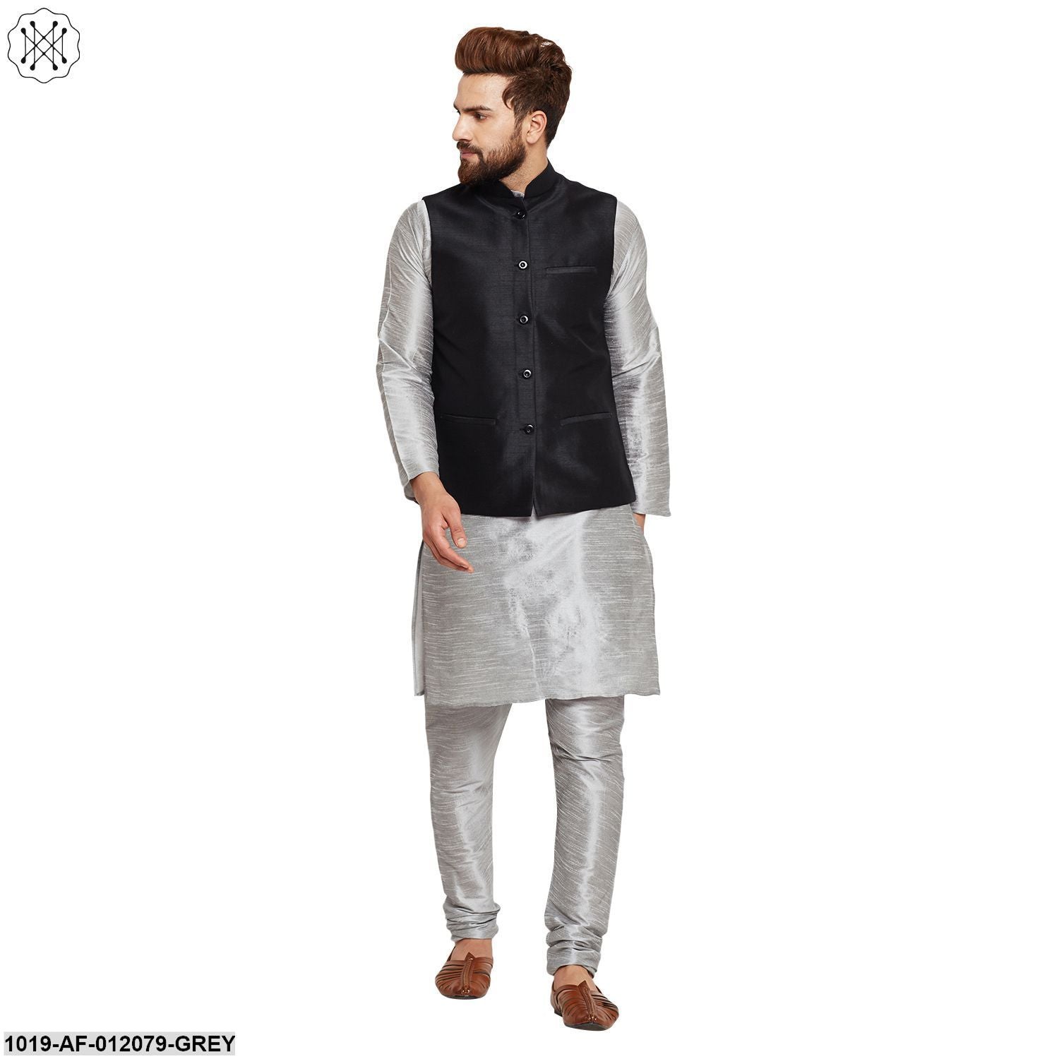 Men's Dupion Silk Kurta Pyjama And Nehru Jacket Set
